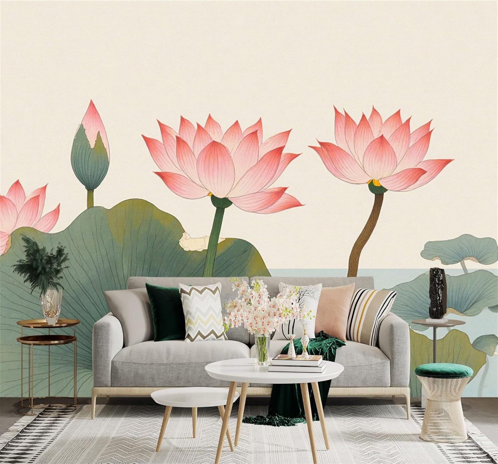XLMING Fresh Minimalist Pink Lotus Green Leaves Lakeside View 3D Wallpaper Premium Textured Silk Study Dining Living Room Bedroom Sofa TV Wall Easy Install-350cm×256cm