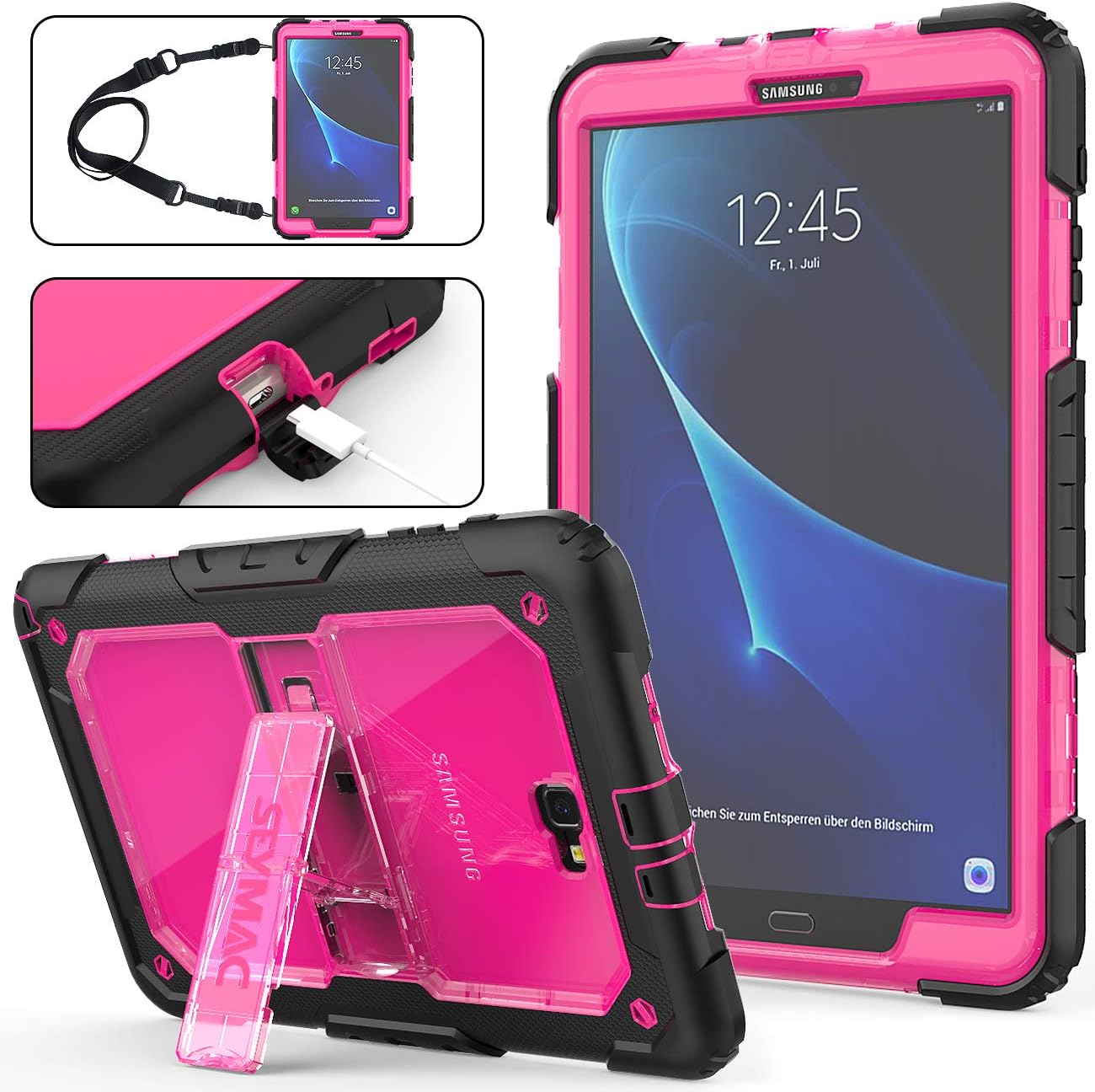 Galaxy Tab A 10.1 (T580/T585/T587) 2016 Case, (NOT FIT Other Tab A 10.1), Full-Body Heavy Duty&[Shock Proof] Armor Protective Case with Stand & Strap for Samsung Tab A 10.1-2016-(Rose+Black)