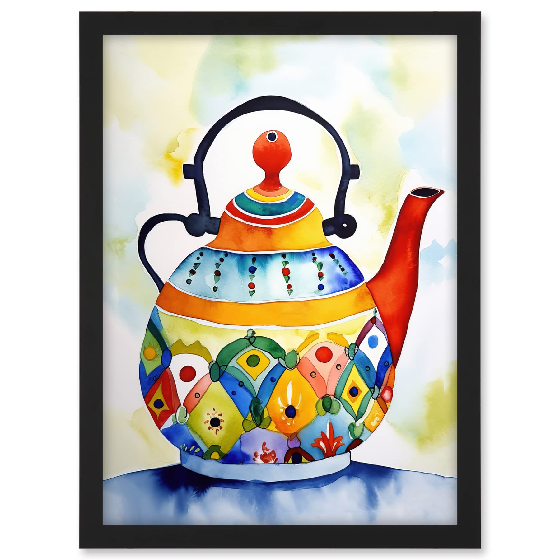 Artery8 Enamelled Patterned Teapot Tea Kettle Folk Art Watercolour Painting Artwork Framed A3 Wall Art Print