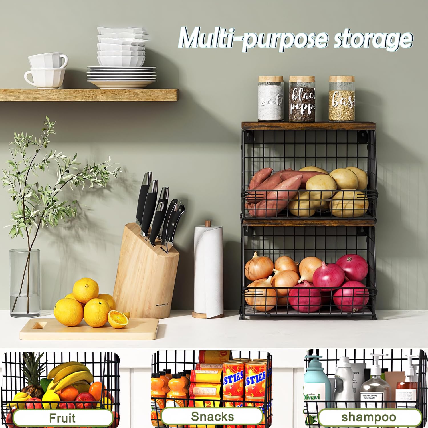 Frutero y Organizador de Cocina Plegable | Almacenaje Apilable para Mesa y Pared | con Tabla de Madera y Ganchos | Negro, Acero al Carbono