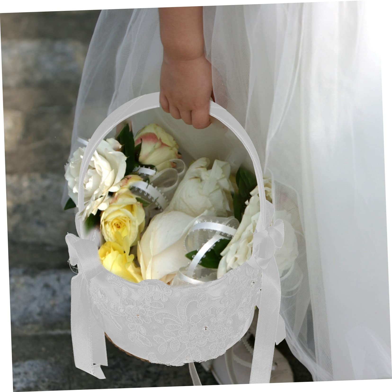 OUNONA 4 Stück Eleganter Hochzeitskorb aus Spitze Tragbarer Blumenkorb mit Einzigartigem Griff für Hochzeiten Partys Dekoration und Praktisch Weißer Spitzenrand für
