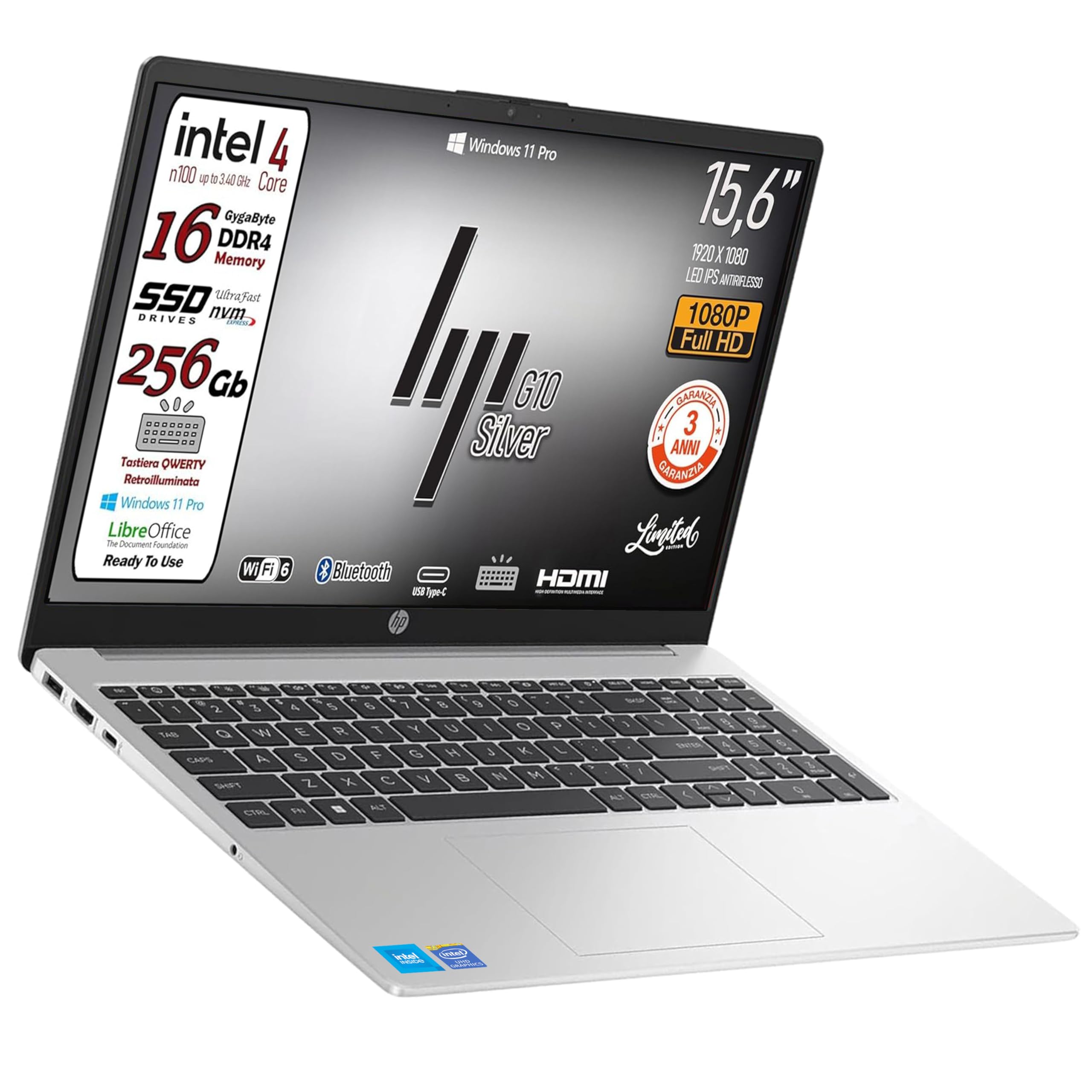 HP 250 G10 Series Notebook Portatile, SSD, Display FHD da 15.6", Cpu Intel 4core N100, Ram 16Gb, Wi-fi 6, 3 usb, webcam HD,tastiera retroilluminata, Win11 Pro, pronto All'uso, Garanzia Italia 3 anni