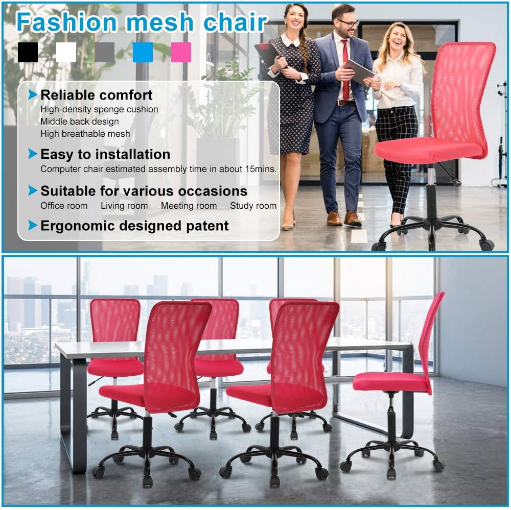 Home Office Chair, Computer Mid Back Mesh Chair, Height Adjustable Small Modern Task Chairs, No Armrest Rolling Swivel Student Desk Chairs with Wheels, Red