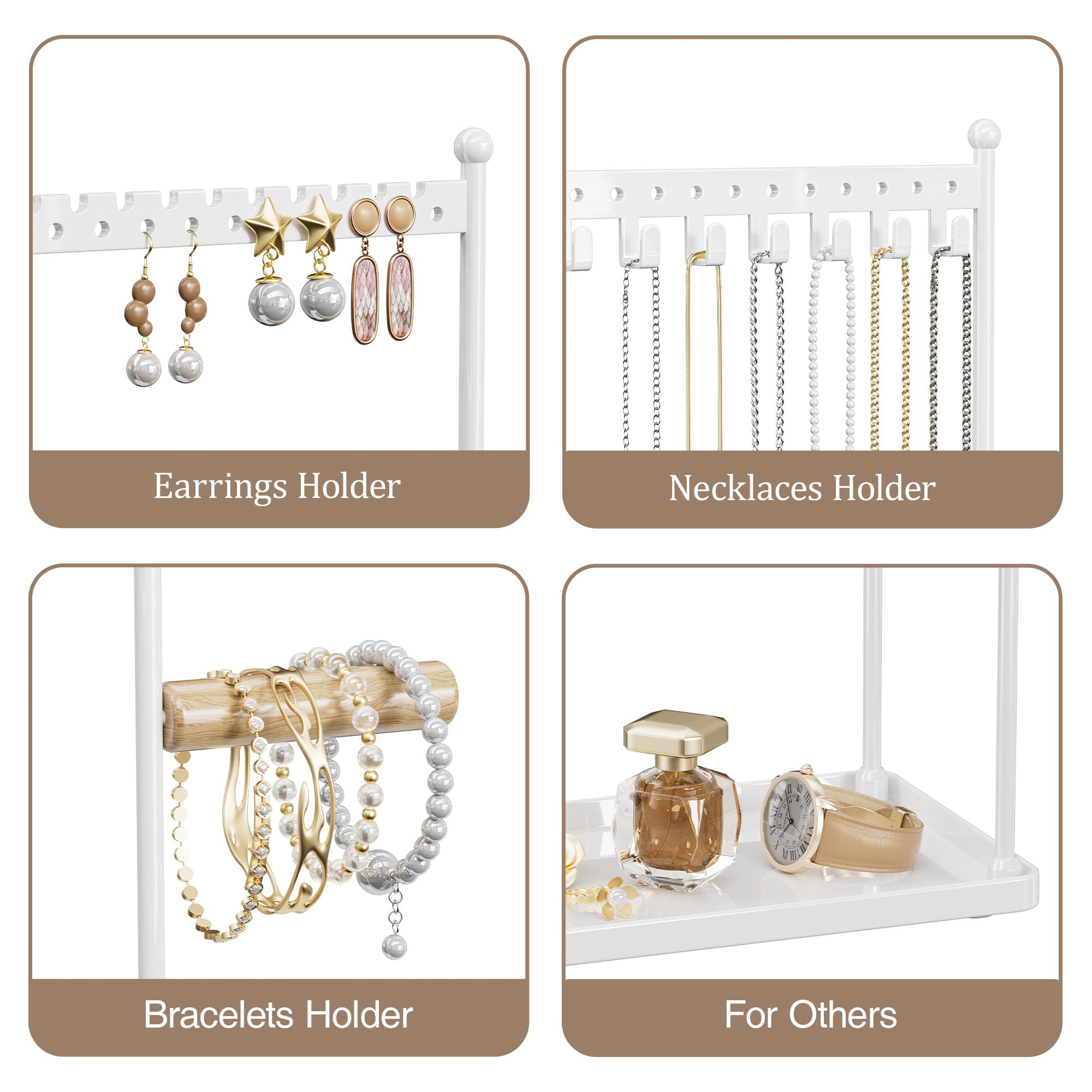 Jewelry Stand Necklace Holder Organizer – 3-Tier Jewelry Display Rack with Storage Tray – Holds 22 Pairs of Earrings, Bracelets, Rings, Necklaces – Gift for Girls & Women, White