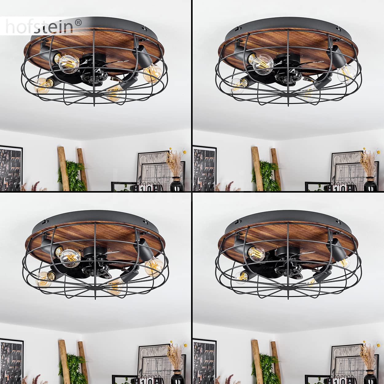 Ventilatore da soffitto Moscavide, ventilatore in metallo/plastica in nero/look legno/marrone con telecomando, plafoniera con spot orientabili, 4 x E27 IP20, senza lampadina/e