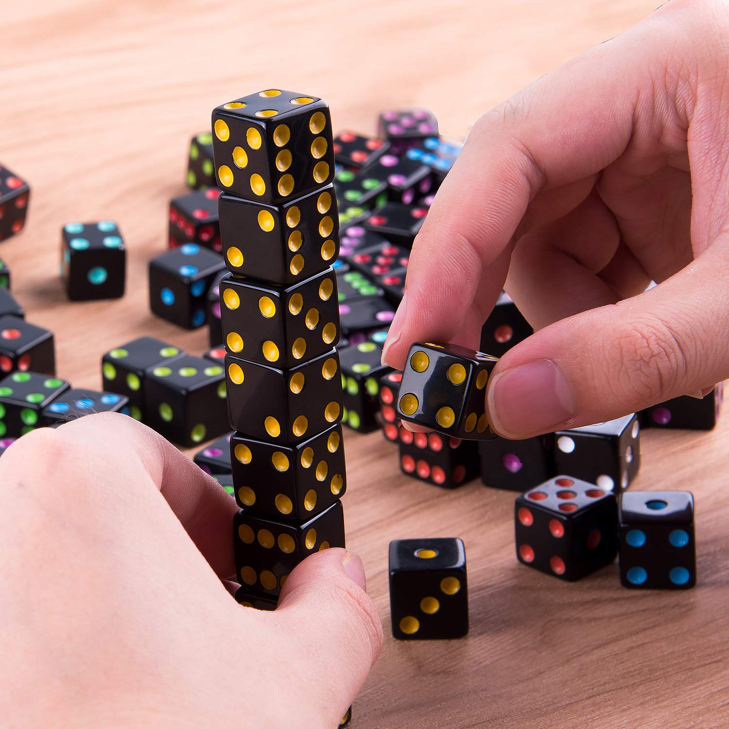 AUSTOR 100 Pieces Black Dice with Colorful Pips 6 Sided Square Corner Dices Come with a Free Storage Bag
