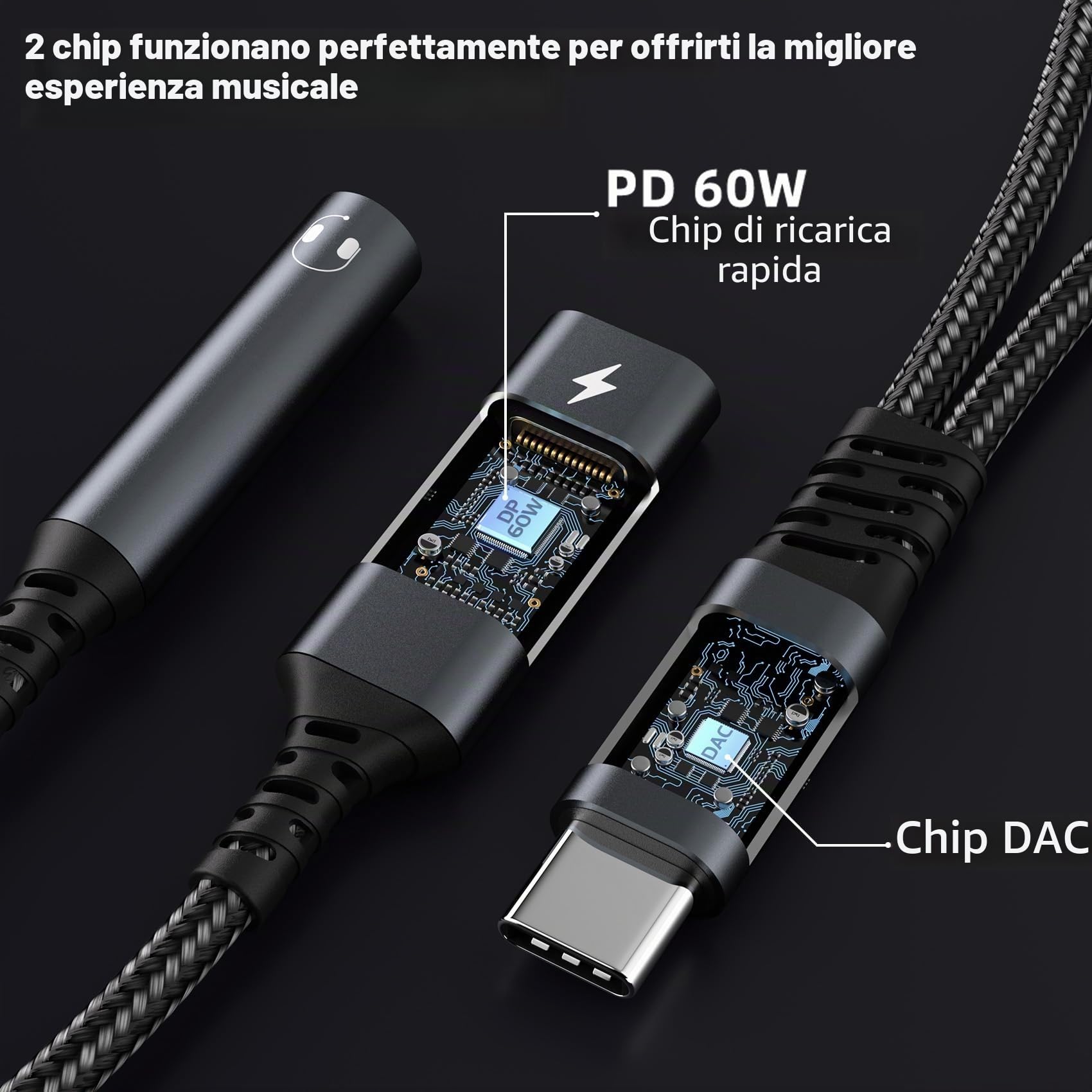 Adattatore e Ricarica per Cuffie USB C, 2 in 1 Jack da 3,5 mm USB C PD 60W Ricarica Rapida per Auricolari Splitter C ompatibile con iPhone 15/Pro/Max, Samsung S24/S23, Hua wei usw