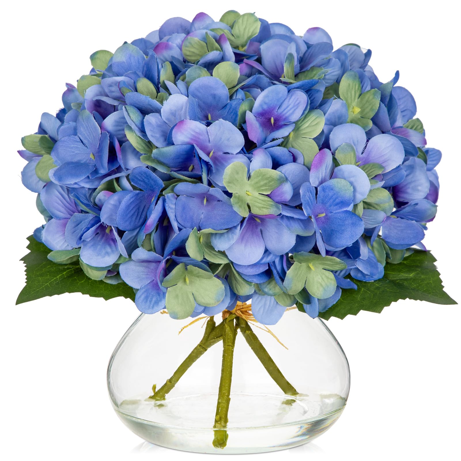Oairse Hydrangea Artificial Flowers with Glass Vase Blue Silk Faux Flowers Arrangements in Vase with Faux Water Fake Floral Bulk Bouquet for Home Wedding Decor Table Centerpiece Decorations