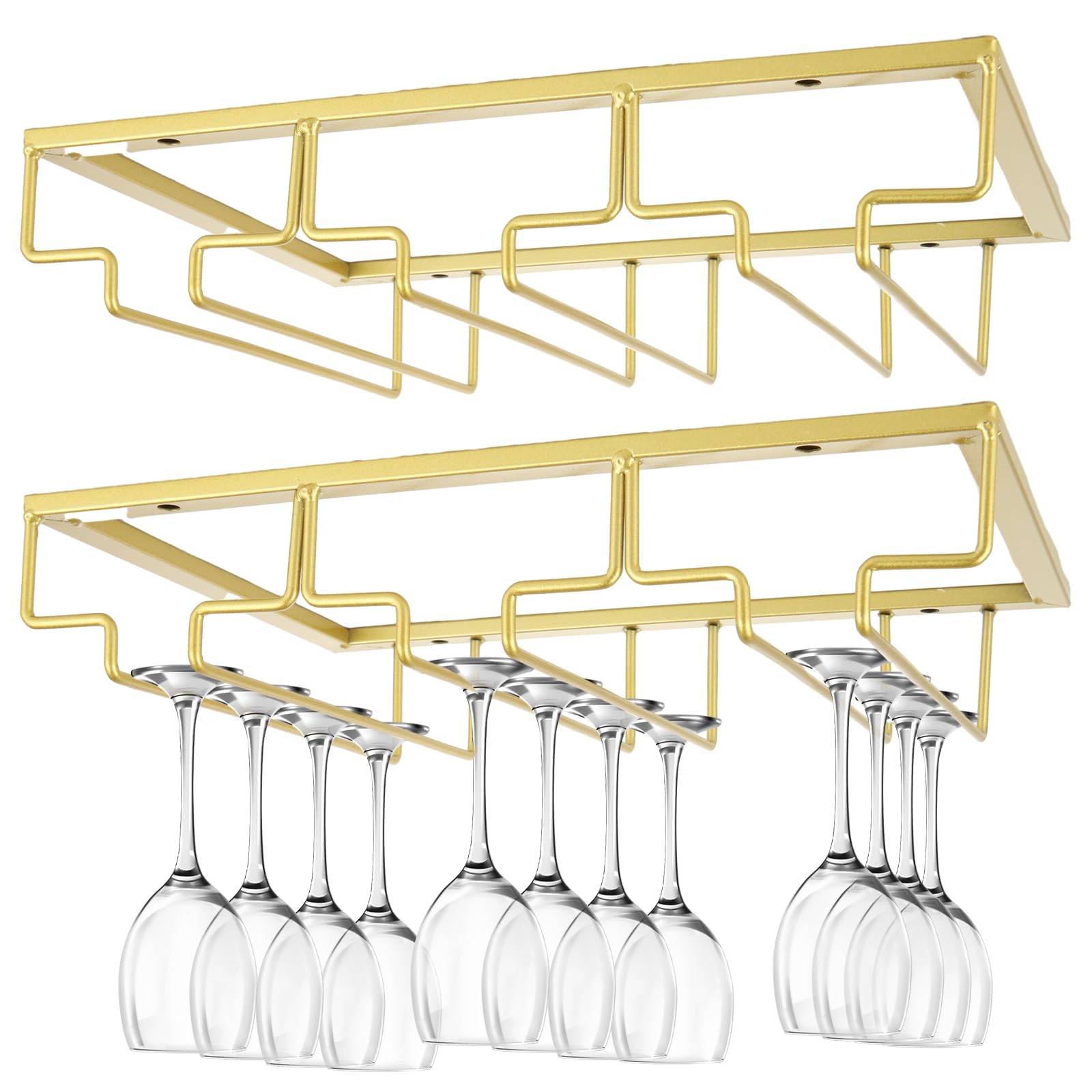 VIDETOL Wine Glass Rack Set of 2, Under Cabinet Stemware Rack, 3 Slots 9 Cups Hanging Wine Glass Holder for Kitchen and Bar, Gold