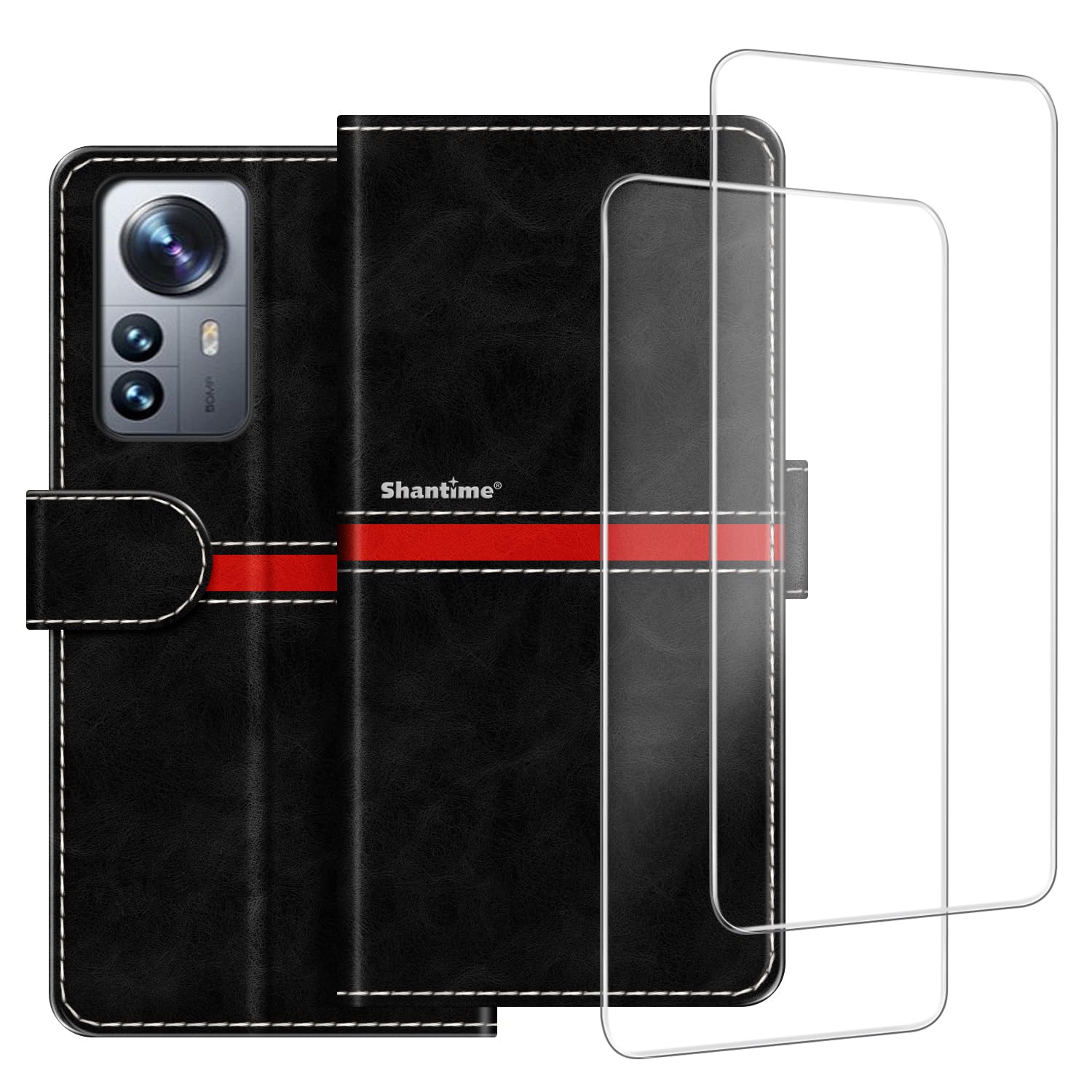 Phone Case Compatible with Xiaomi Mi 12 Pro + [2 Pack] Screen Protector Glass Film, Premium Leather Magnetic Protective Case Cover for Xiaomi 12 Pro (6.73 inches) Black