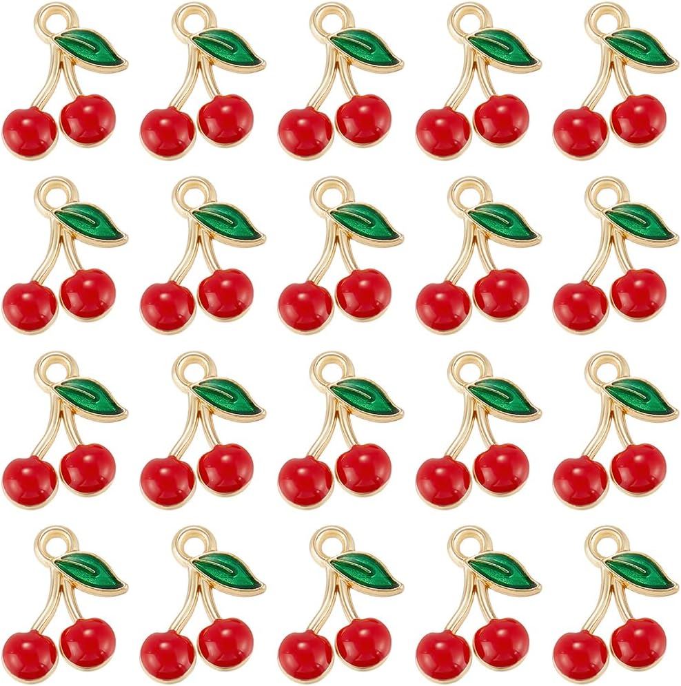SUNNYCLUE 1 Box 60Pcs Red Cherry Charm Enamel Fruit Charms Bulk Golden Metal Alloy Fruits Food Cherries Mini Dangle Charm for Jewelry Making Charms Bracelets Necklace Earring DIY Crafts Accessories