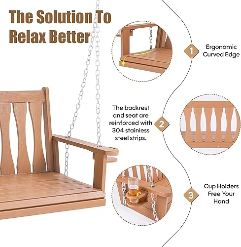 Miniatura 4 de HIPS - Columpio colgante de porche para todo tipo de clima, banco colgante de 2 asientos con soportes para tazas, silla de columpio de patio con