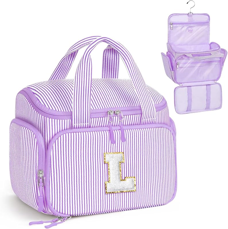 Necessaire de viagem suspensa YOOLIFE roxa, tamanho L, com divisórias e gancho
