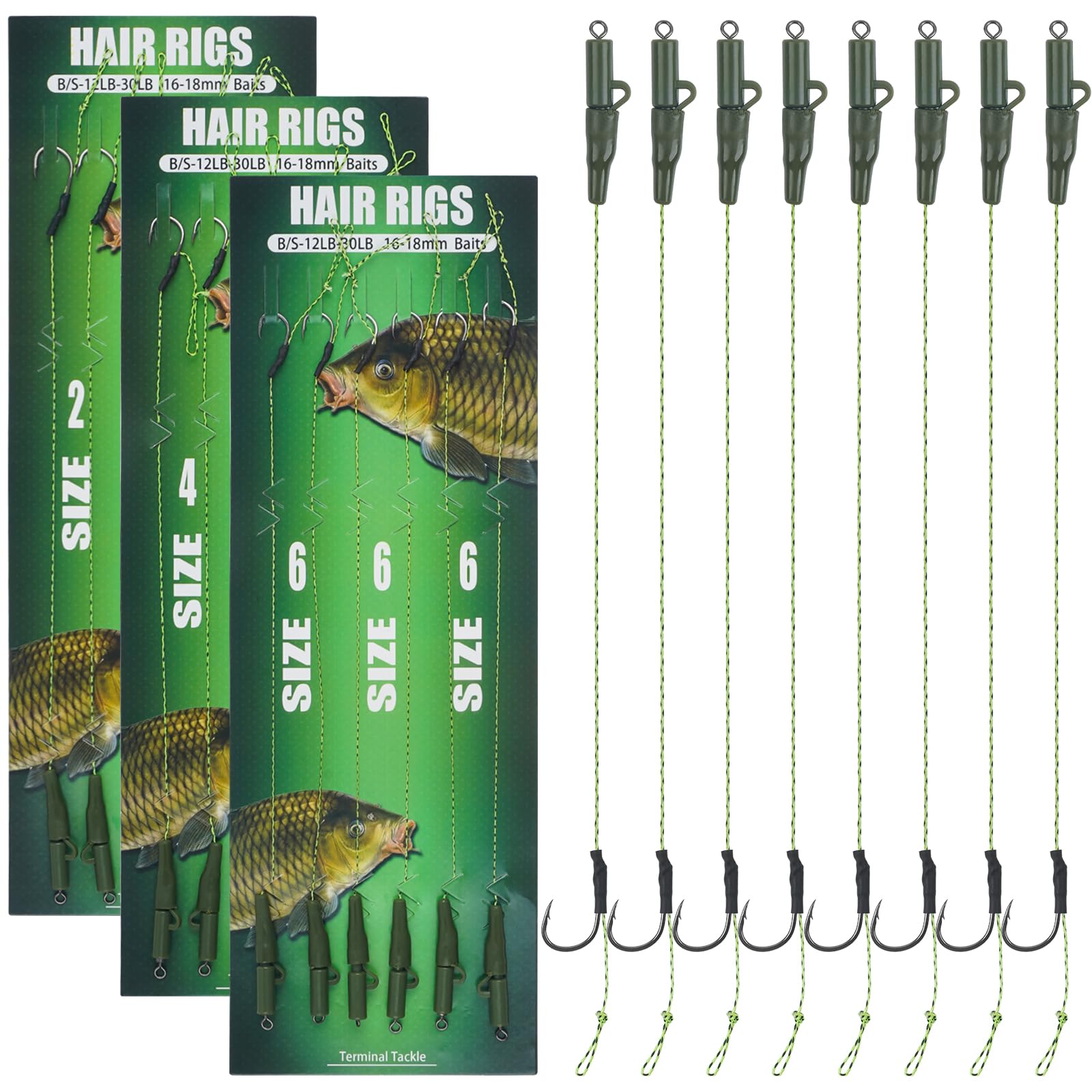 Carp Fishing Hair Rigs Kit, 18pcs Anti Tangle Leaders Braided Line Safety Clips Curved Barb Hooks Fishing Bait Rigs Carp Tackle Accessories Size 2 4 6 (Type B)