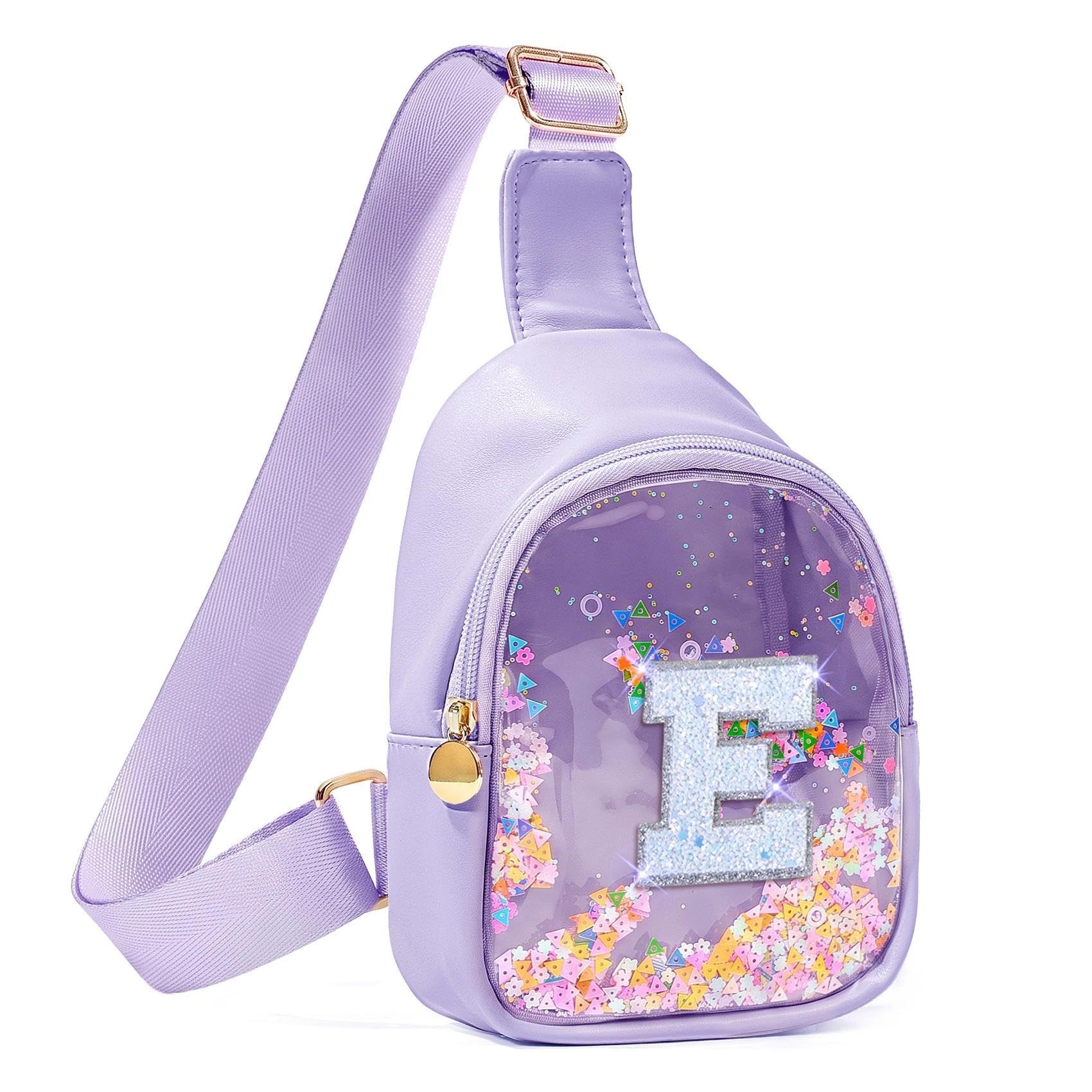 COSHAYSOO Fashion Little Girl Purse Gifts for Baptism First Communion Birthday Dance Recital Choir Performance, Purple Toddler Kids Sling Bag Crossbody Small Mini Clear Chest Pouch Initial Letter E