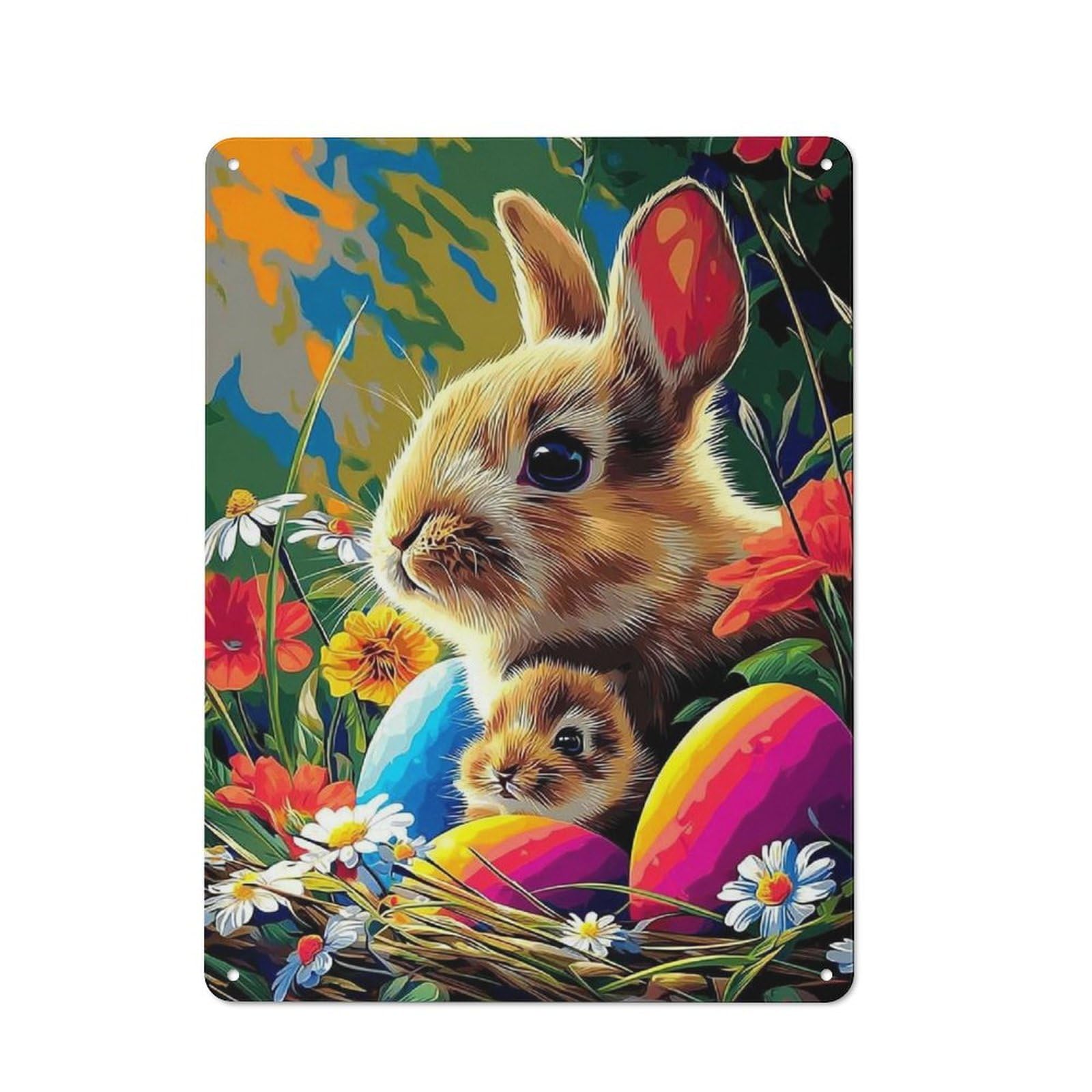 Easter Bunny with Eggs in Garden Industrial Metal Sign 40x30cm, Clean Industrial Loft Wall Plaque for Modern Home, Workshop, Office Or Cafe