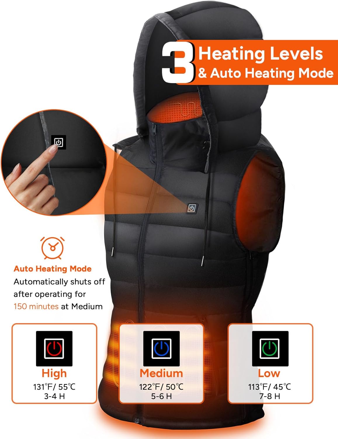 DR.PREPARE Heated Vest, Unisex Winter Hooded Heated Vests Outerwear for Men Women, Lightweight USB Electric Heated Clothing Vest with 3 Heating Levels, Adjustable Size (Battery Pack Not Included) - Image 4
