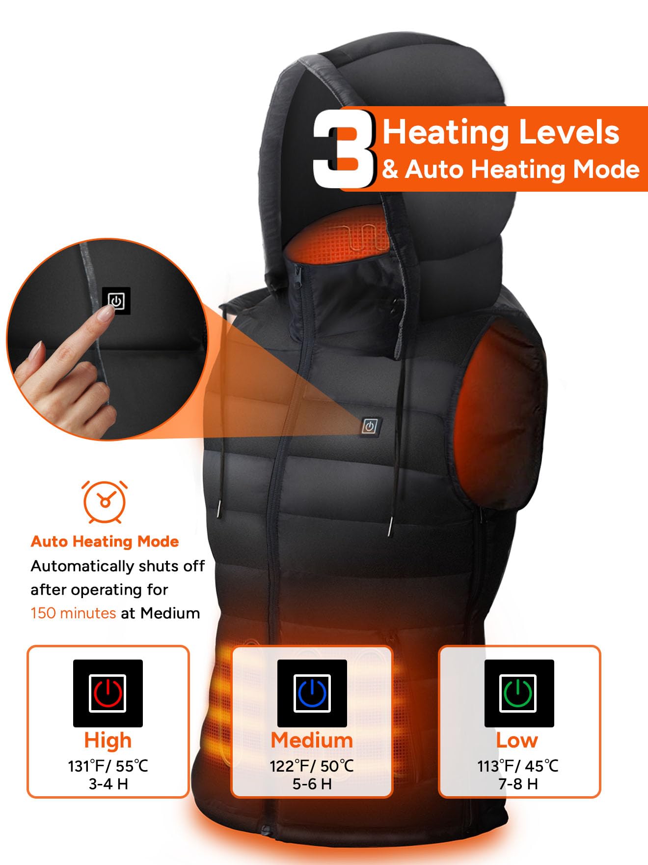 DR.PREPARE Heated Gilet, Unisex Winter Hooded Outerwear for Men Women, Lightweight USB Electric Clothing Vest with 3 Heating Levels, Adjustable Size (Battery Pack Not Included)