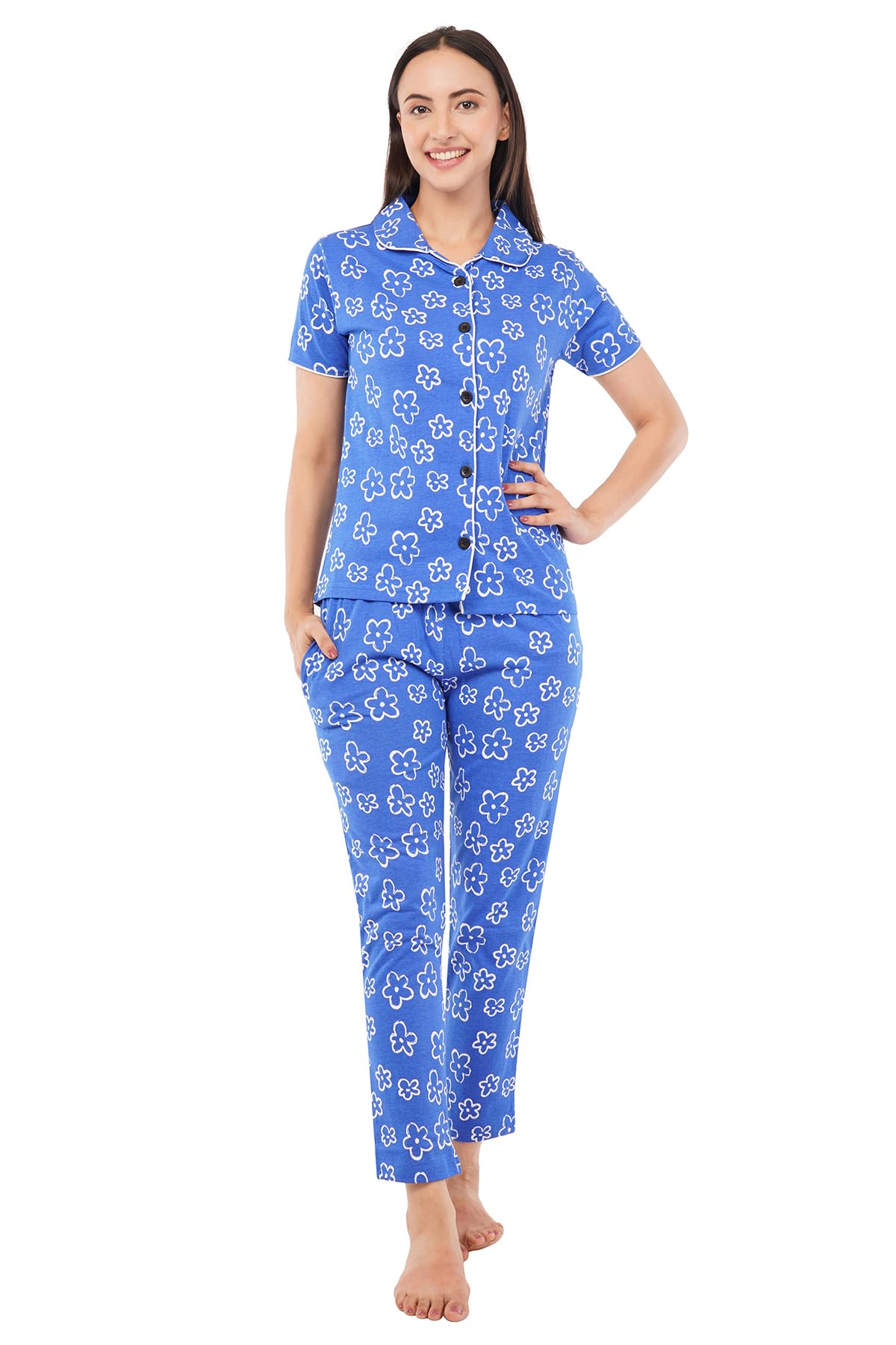 Women’s Cotton Printed Night Suit Set | Heart Print Short Sleeve Shirt & Pyjama | Soft & Comfortable Button-Down Nightwear for Women | Relax Fit Sleepwear Set for Daily Use-image-1