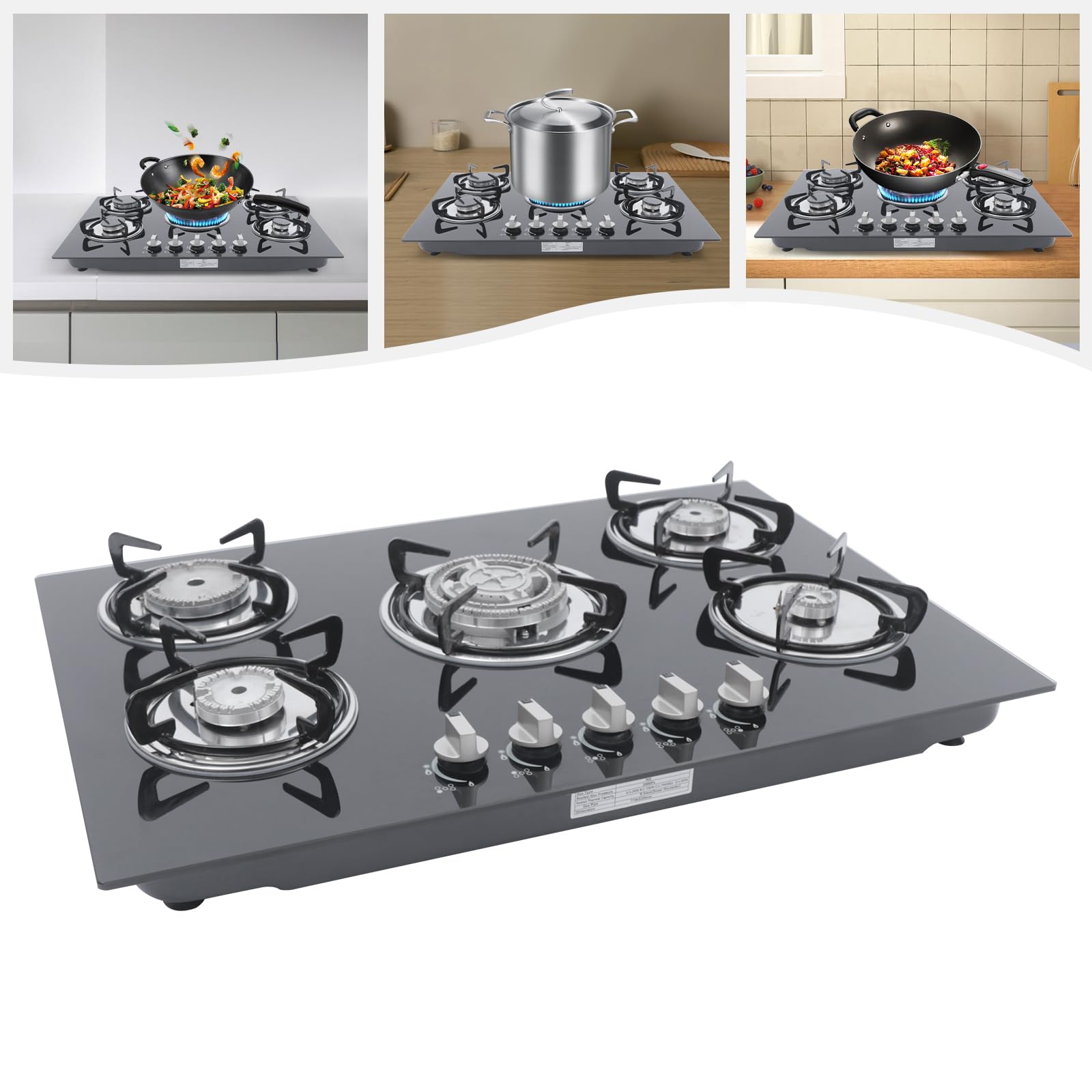 Cocina de gas, placa de gas empotrada, 5 quemadores, 770 x 510 mm, 5 fuegos de vidrio templado, cocina de gas integrada, encendido con batería, 5 placas de cocción autosuficientes