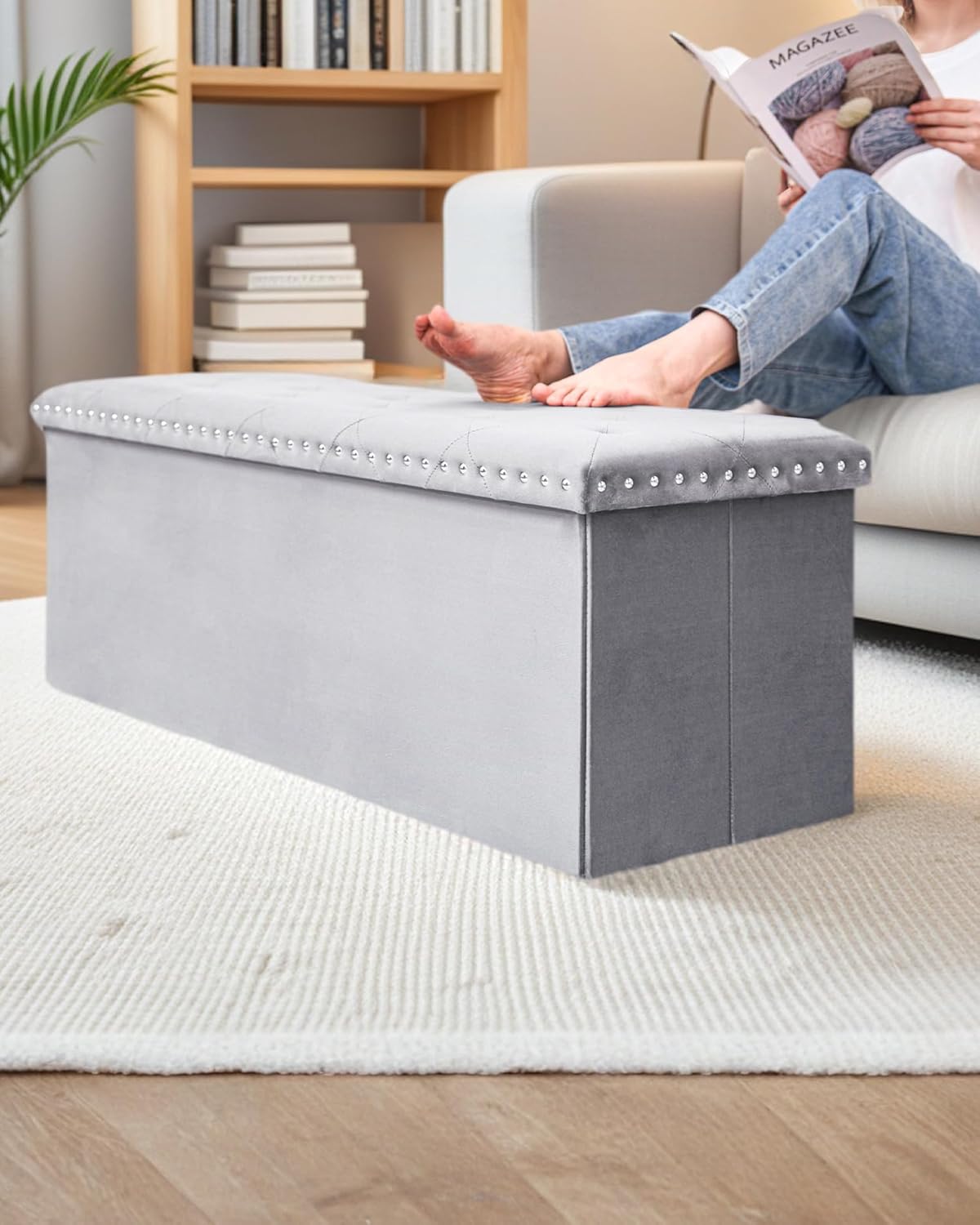 Velvet Storage Ottoman Bench, 43.3" Upholstered Tufted Ottoman with Storage, Folding Footrest Bench for Bedroom, Living Room, or Entryway, Grey - Image 7