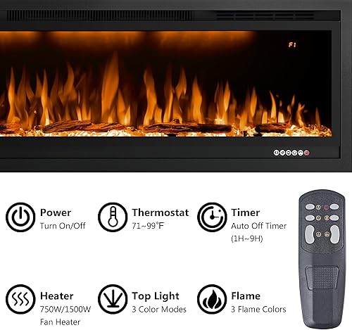 Miniatura 2 de Inserto de chimenea eléctrica, calentador de chimenea empotrado y montado en la pared de 42 pulgadas con luces superiores, registro y cristal,