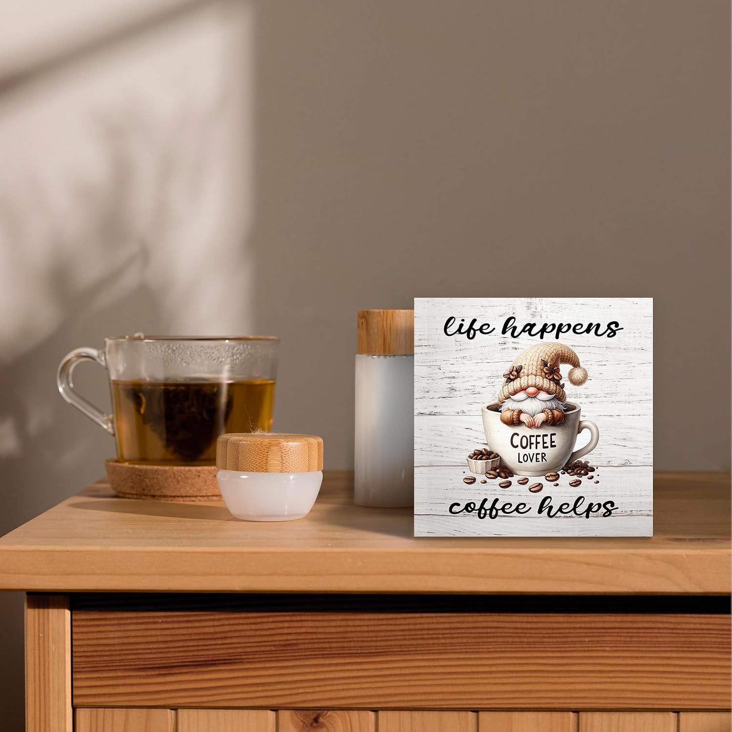 Rustic Coffee Gnomes Wood Box Sign Desk Decor, Life Happens Coffee Helps Funny Gnome Wooden Block Sign for Kitchen Bar Station Wall Tabletop Shelf, Lovers Gift image 2