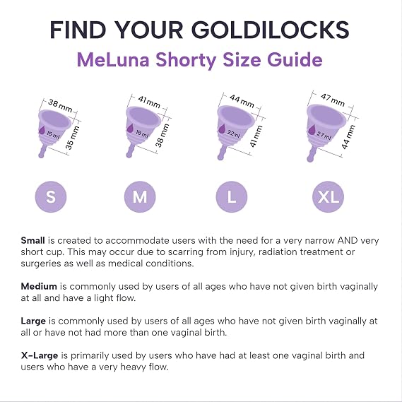 Most Customizable Menstrual Cup with Stem Handle | MeLuna Me Luna | Comfortable Period Cup Reusable Cup | Tampon Pad Alternative for Low Cervix | Shorty (Purple - Medium)
