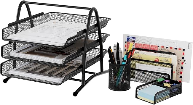 EasyPAG Office Desk Tidy 4 Piece Organiser Set - 3 Tier A4 Filing Tray,Pen Pot,Sticky Note Holder,Letter Sorter Rack,Black
