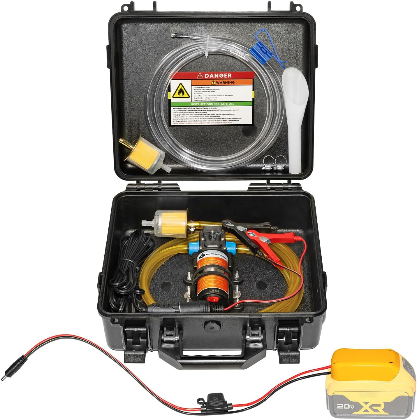 24V 85GPH Fuel Transfer Pump Set with Patented Pulley Lead Pipe & Battery Adapter, Compatible with DeWalt 20V Battery, for Vehicles, Boats (85GPH 24V, Pump with Yellow Adapter)