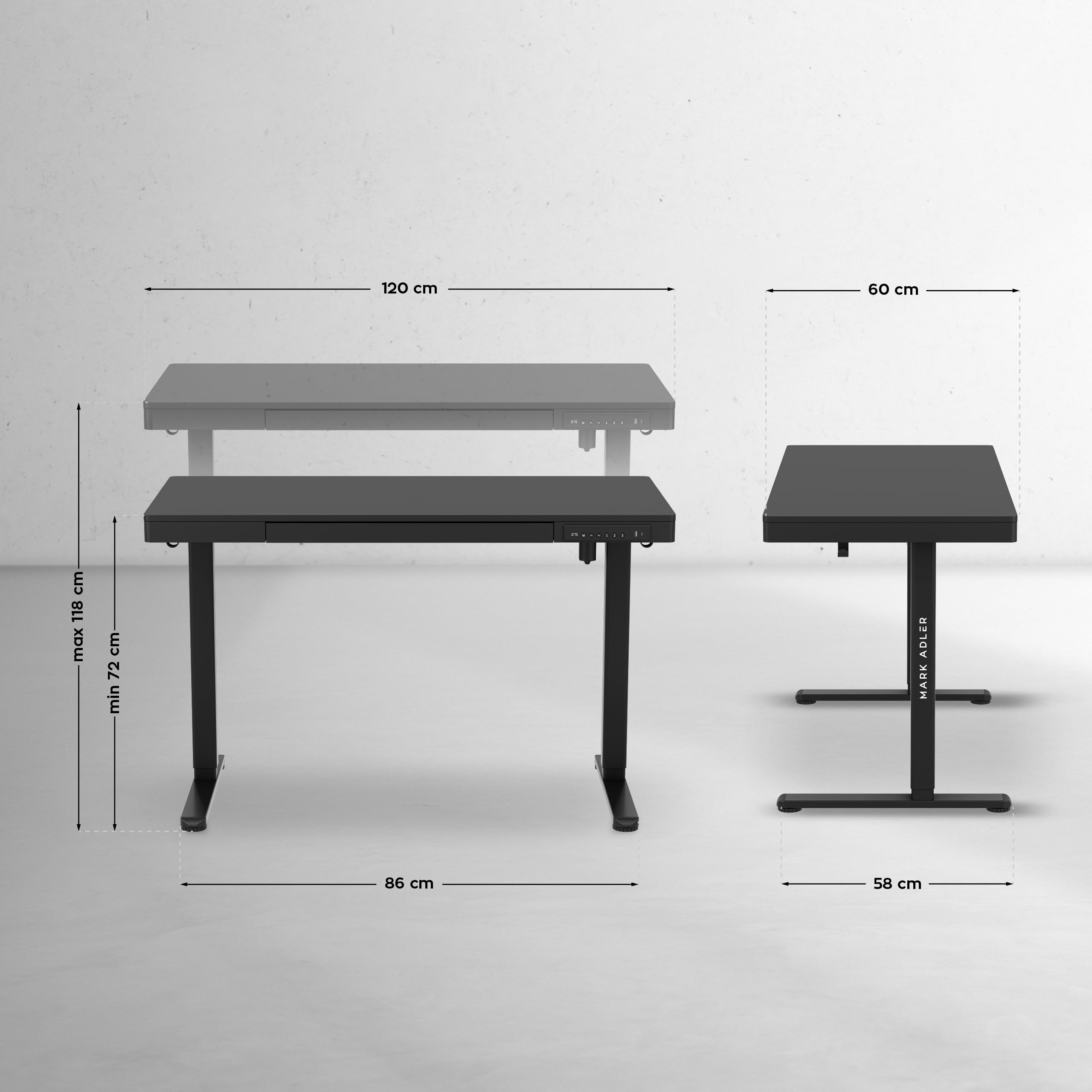 MARK ADLER Leader 8.2 Höhenverstellbarer Schreibtisch mit Schublade | 120x60cm - 3 Memory-Steuerung - USB- und C-Buchse - 2 Halterungen - Touchscreen - Homeoffice Büro – Schwarz