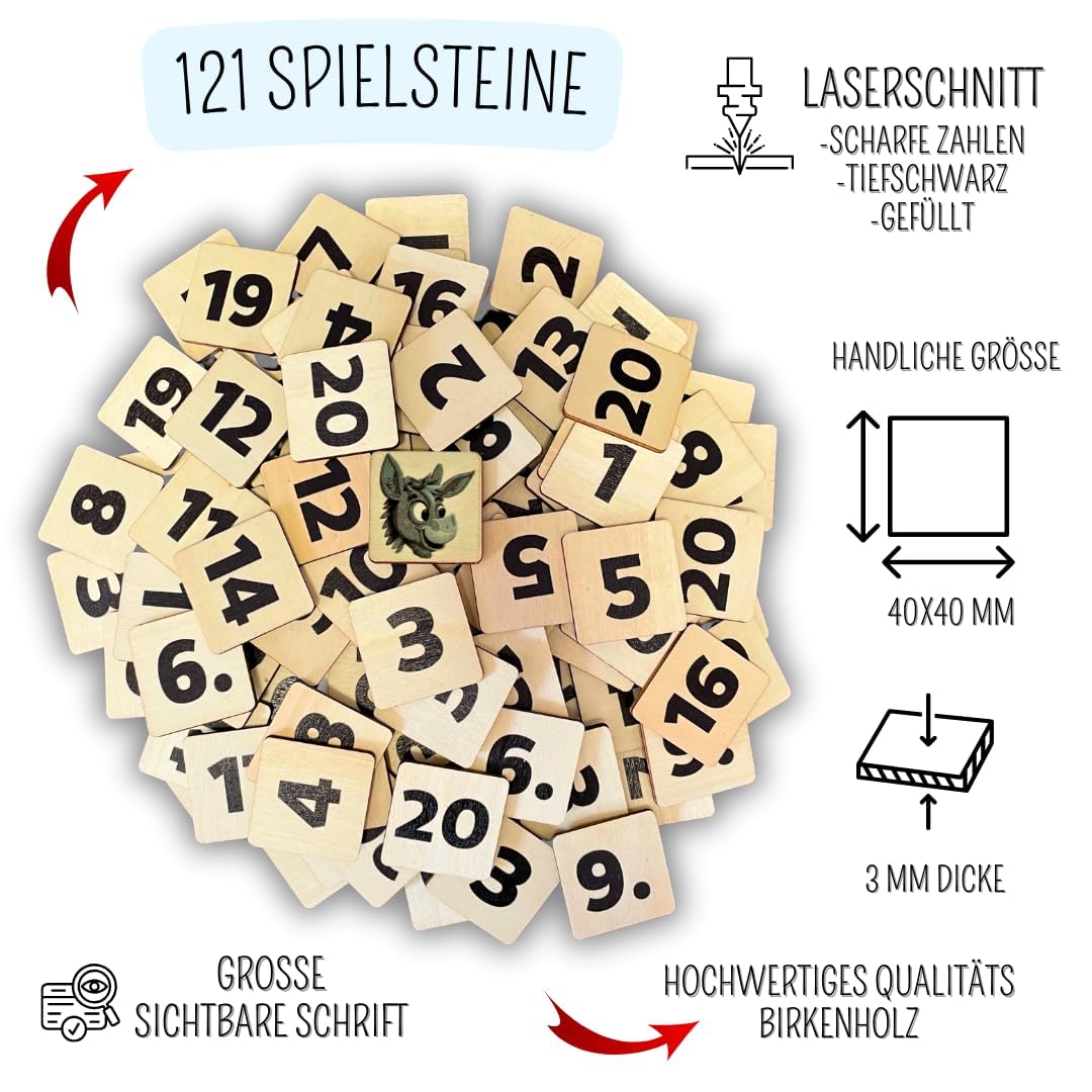 Mutou Das Eselspiel 2.0 ECKIG – Volle Zahlen – 121 Teile aus Holz mit Stoffbeutel – Handgefertigtes Familienspiel - Lernspiel - Geschenk - Partyspiel - Gesselschaftsspiel - Reisespiel