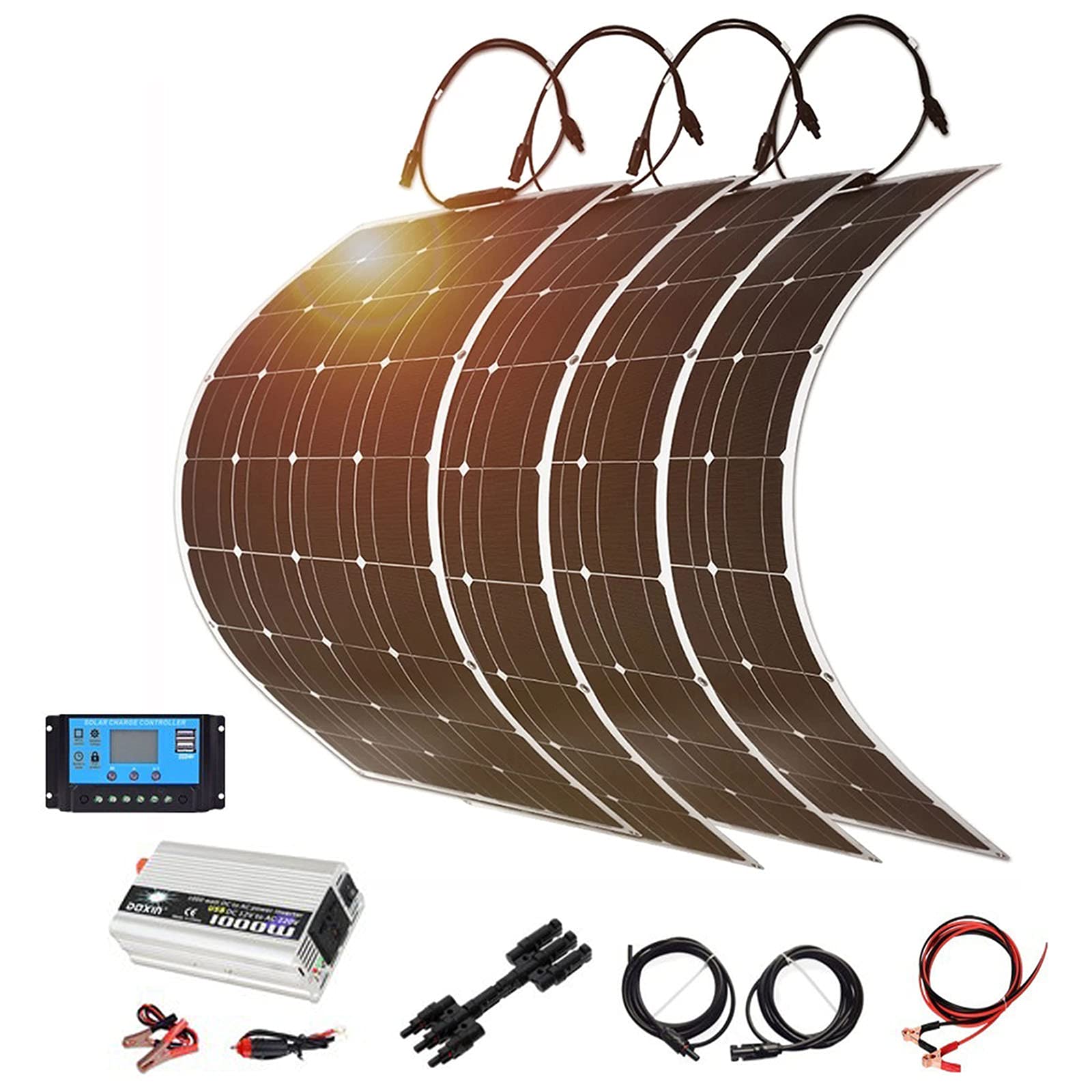 Panel Solar 3 Piezas 100W 12V 300W Monocristalino Flexible Kits Solares Cargador De Batería con Inversor De 1000W Y Controlador De Carga 30A para Marina, RV, Barco, Caravana