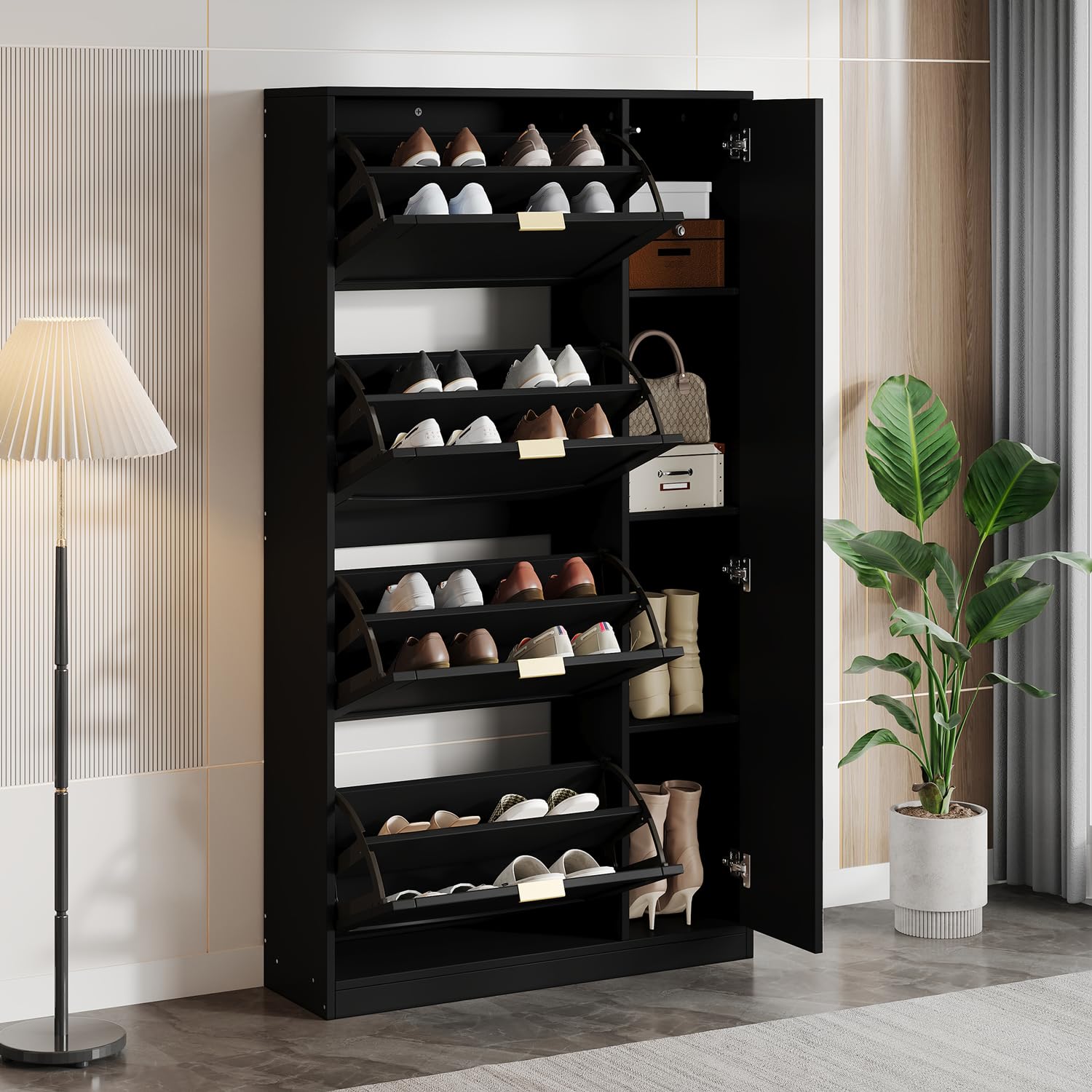 Armoire à chaussures blanche et bois massif avec étagères réglables