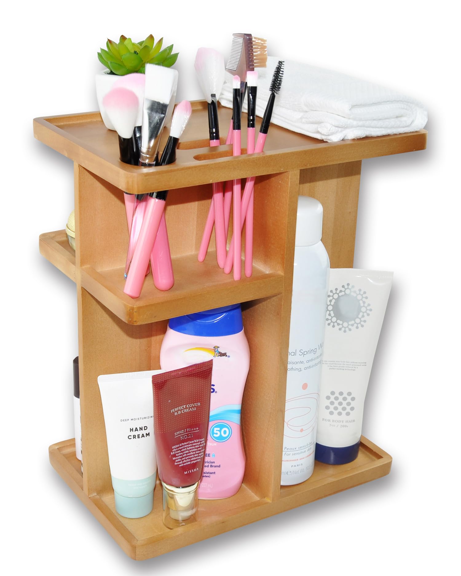 Drehbarer Kosmetik-Organizer, Multifunktions-Aufbewahrung, 360 Grad Karussell für Make-up, Toilettenartikel, Waschtisch, Schreibtisch, Schrank, massives Naturholz mit Akazienbraun