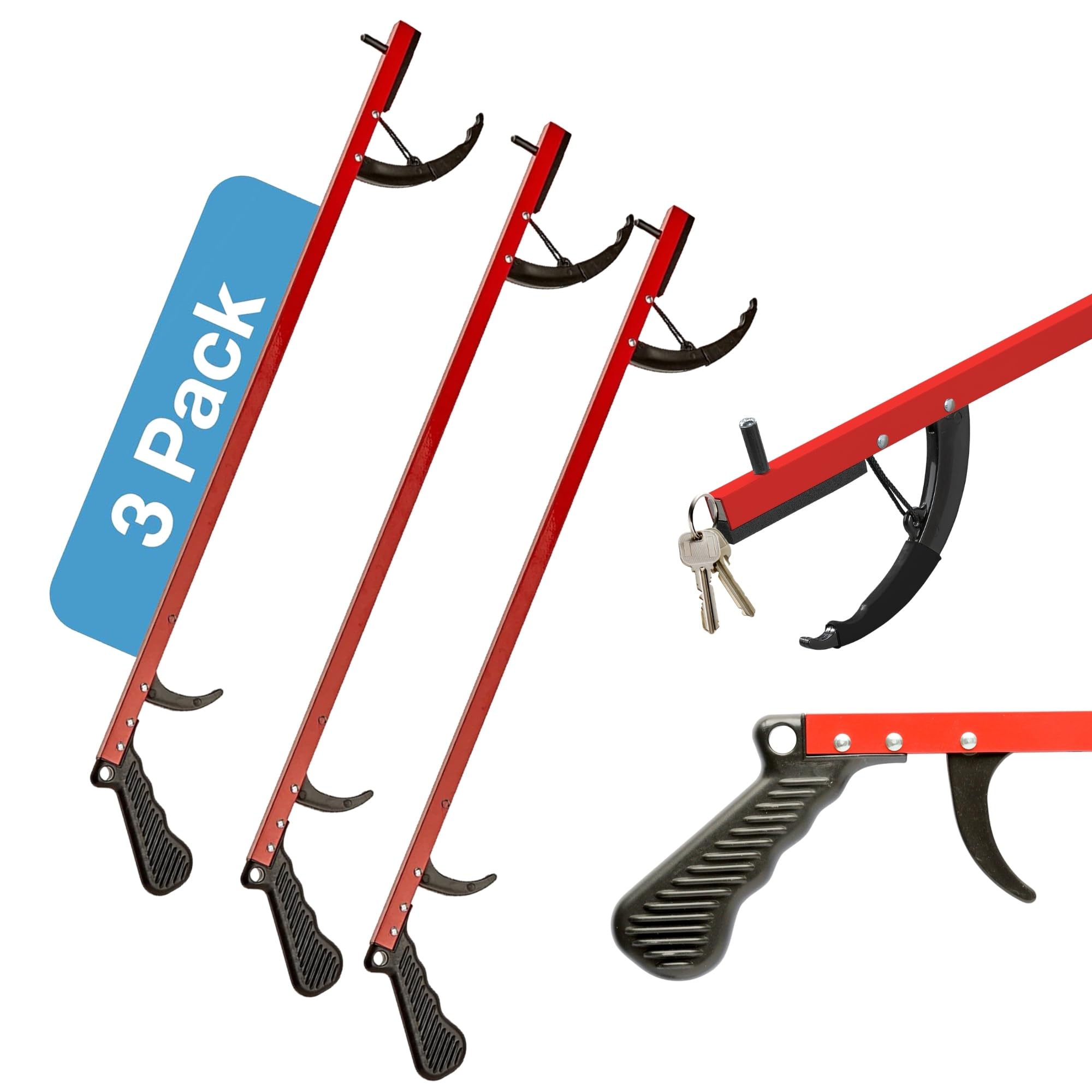 Sammons Preston Greifhilfe, Greifwerkzeug, 66 cm, leichter Greifzange und Gartennabber, handliche Aluminium-Greif- und Greifklaue, tragbar, Greifhilfe und Anziehwerkzeug, Rot, 3 Stück