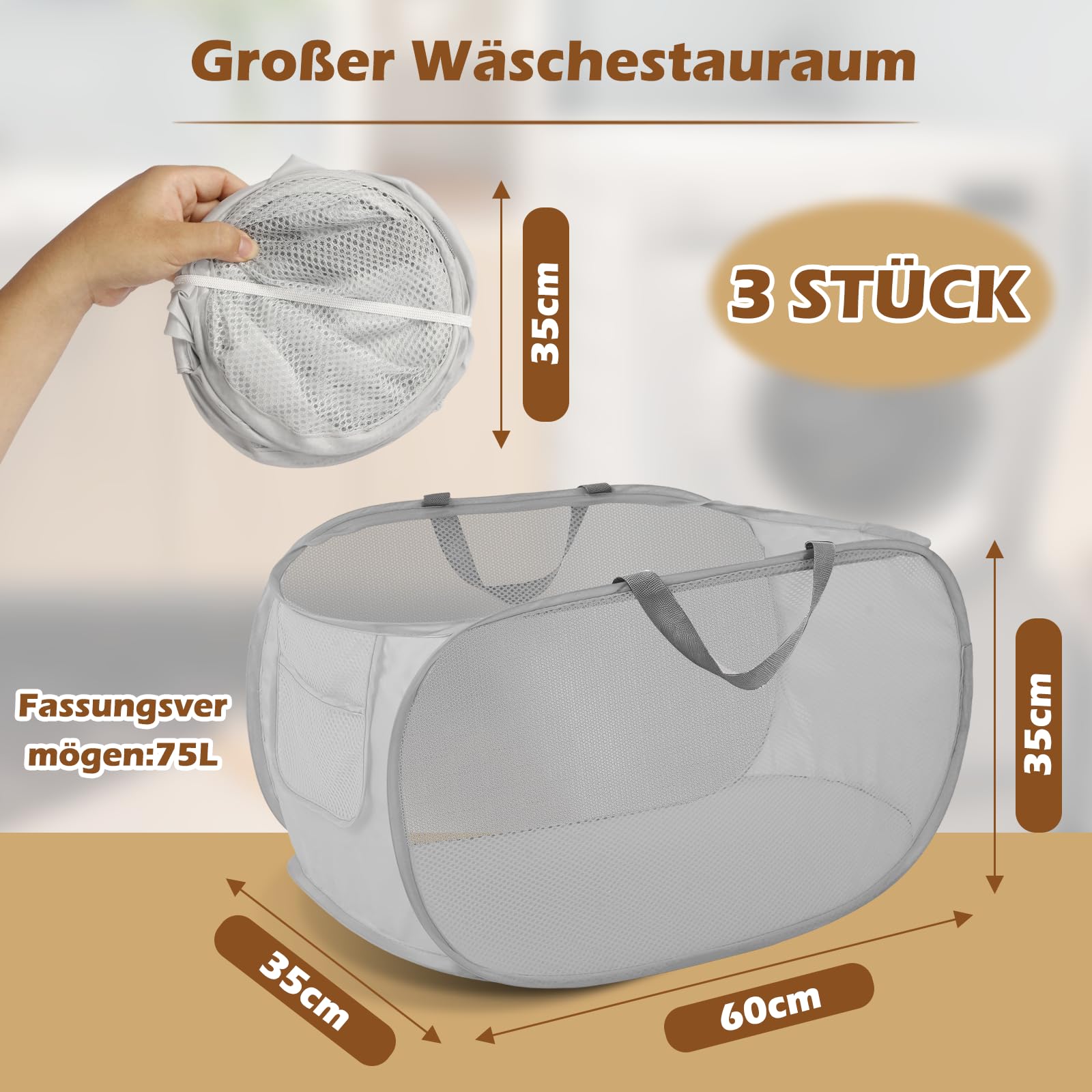 3er-Set faltbare Wäschekörbe mit Tragegriffen & Pop-up-Funktion, luftdurchlässiges Netzgewebe, Mehrzweckaufbewahrung, Wäschekorb faltbar für Badezimmer, Schlafzimmer, Waschraum & Reisen