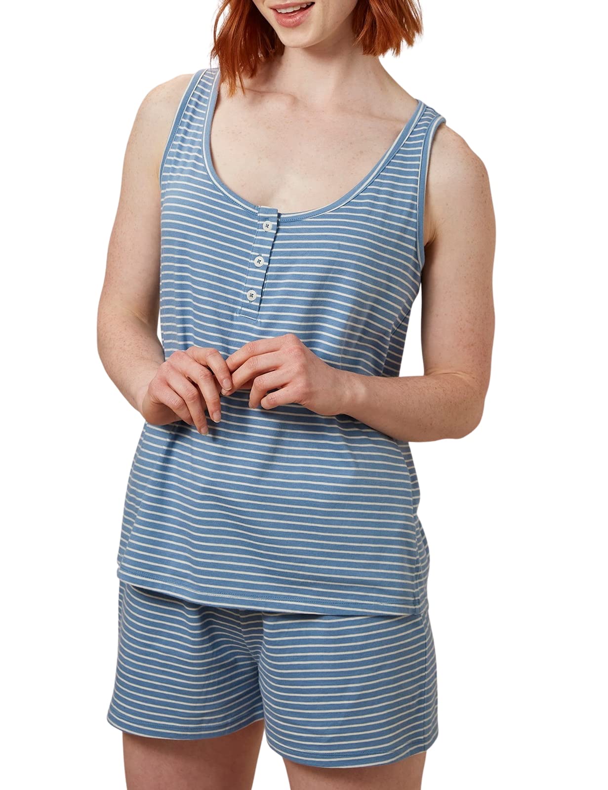 People Tree Women's Stripe Pyjama Vest in Blue Heaven and Pristine (Blue), 100% organic certified cotton, Size 8