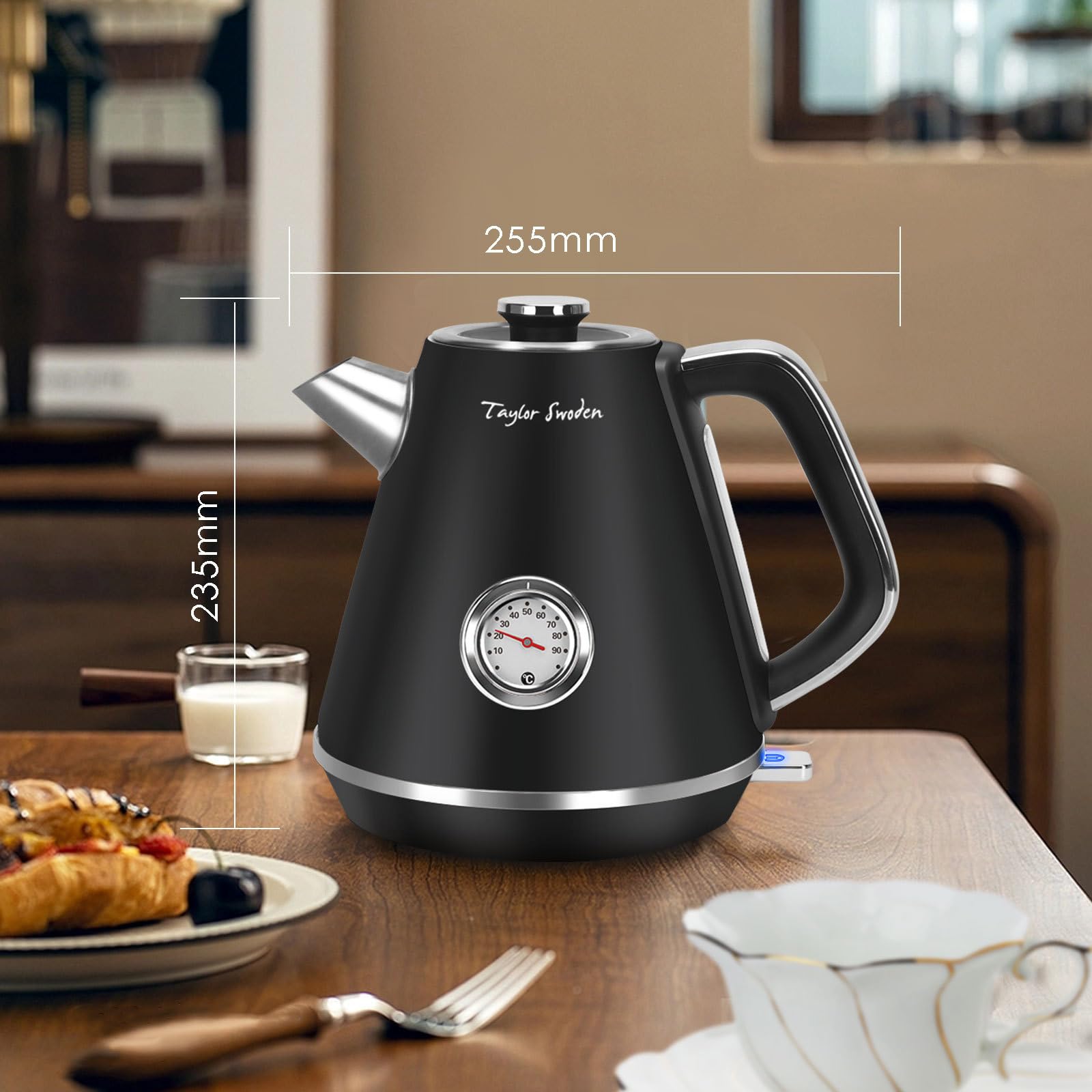 Taylor Swoden Aladin - Hervidor de agua eléctrico retro, 2200W, inalámbrico, diseño retro, 1,7 litros, acero inoxidable, apagado automático, ventana para visualizar la temperatura. | Con indicador de temperatura analógico, indicador de nivel de agua ilumi