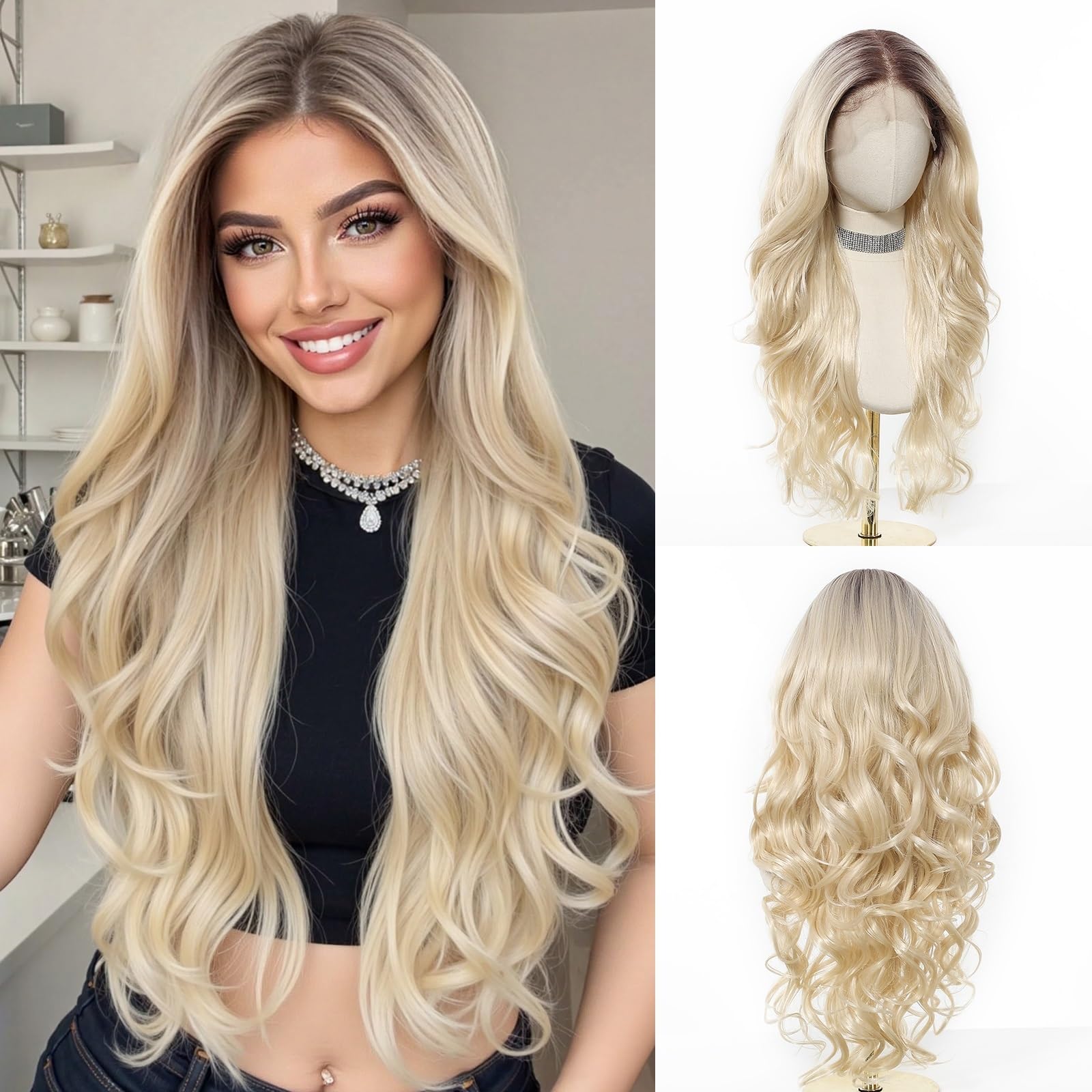Donne Parrucca sintetica in pizzo biondo Ombre con parte centrale a radice scura Capelli ondulati lunghi Fibra resistente al calore Festa