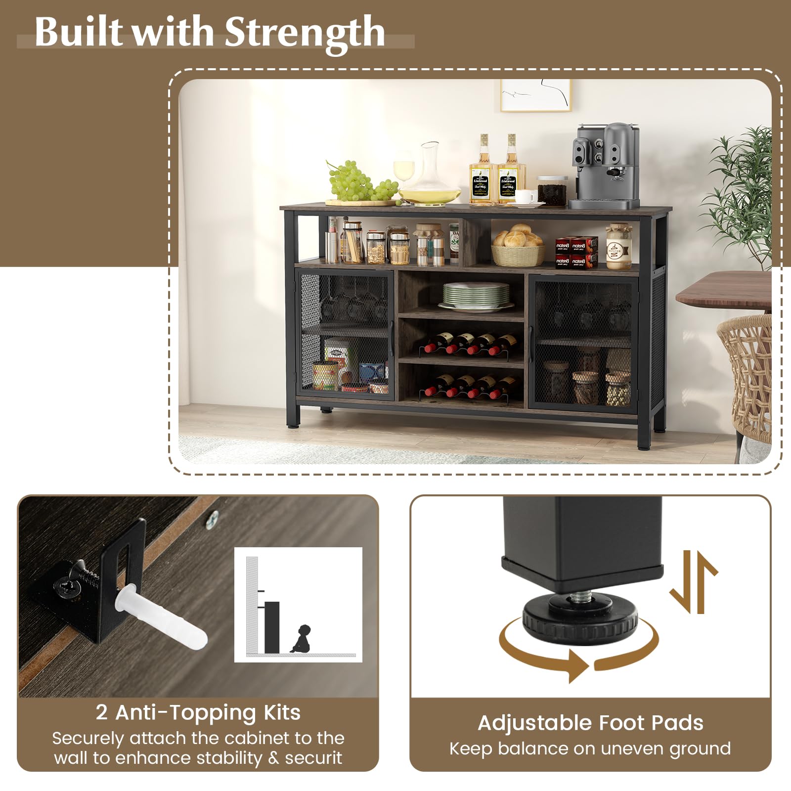 GIANTEX Credenza da Buffet, Mobilellto da Cucina con Portabottiglie e Portabicchieri, Porta TV per TV fino a 60" con 2 Armadietti con Anta, 3 Ripiani e 2 Scomparti Aperti, Nero/Grigio(Grigio)