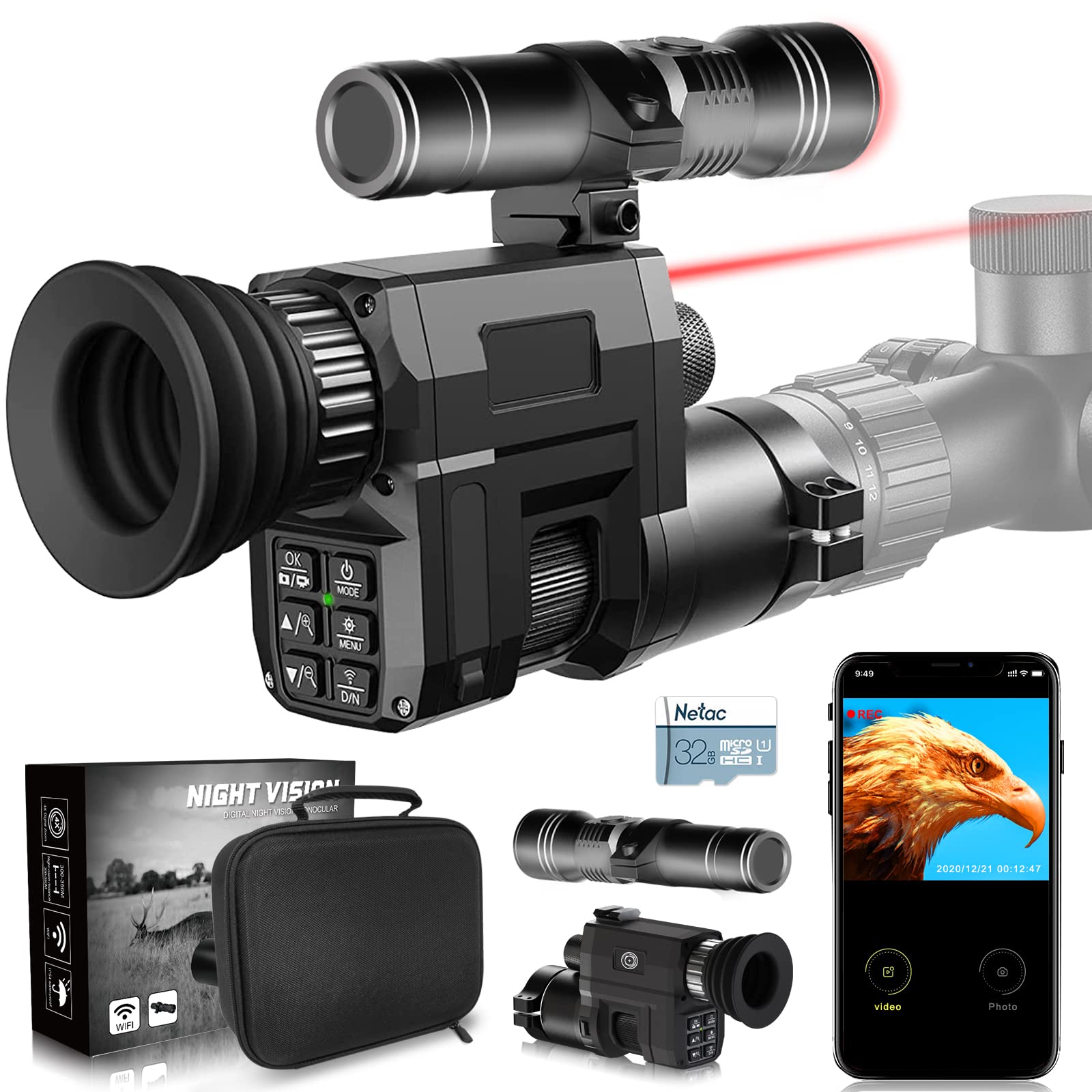 WiFi Digital Night Vision Scope for Rifles, 1313FT Night Vision Monocular, IR Focus Adjustable, Save Photos & Videos, with 850nm IR Illuminator, Red Dot, 4X Optical Zoom