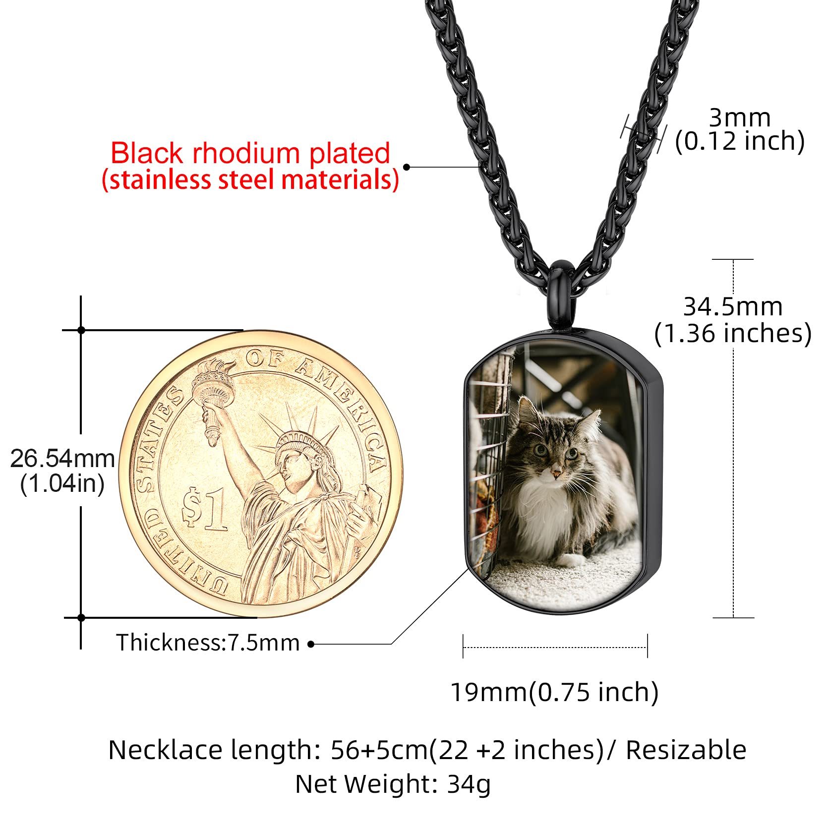 GoldChic JEWELRY Porta Cenizas Chapa Militar con Foto Nombre Colgante para Cenizas Resistente al Agua, Negro