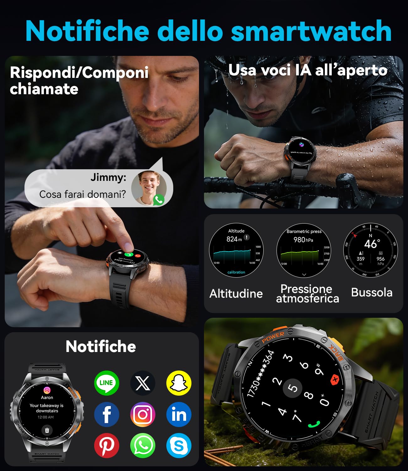 LIGE Smartwatch Uomo GPS, Barometro/Altimetro/Bussola, AMOLED 1,43" Smart Watch Militare con Torcia LED, Chiamate Bluetooth, 170+ Modalità Sport, 5ATM, Monitoraggio Salute per Android iOS,DM1-I