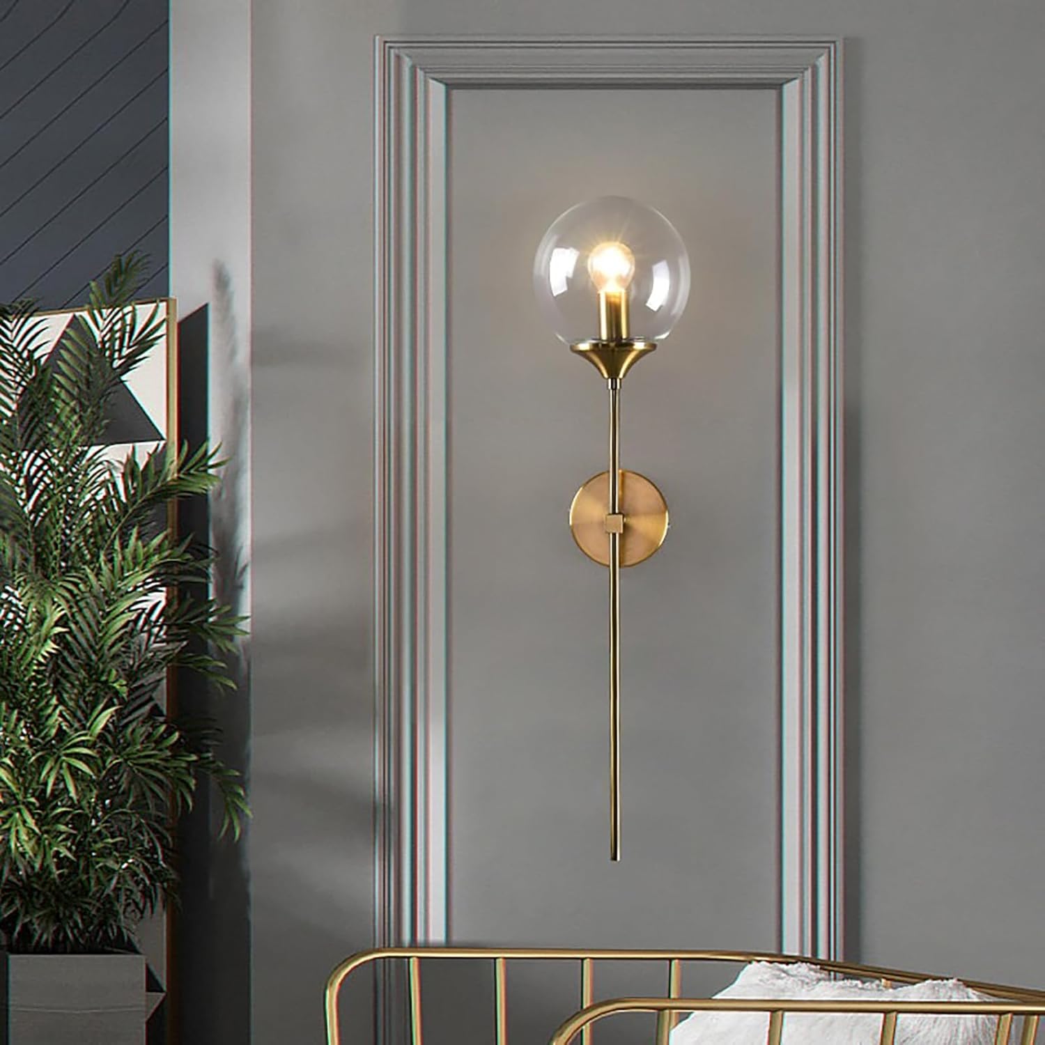 Modern Clear Glass Ball Indoor Wall Lights Sconces Glass Globe with Gold Brass Finish Wall Lamp Fixtures for Bedroom Bedside(Clear)