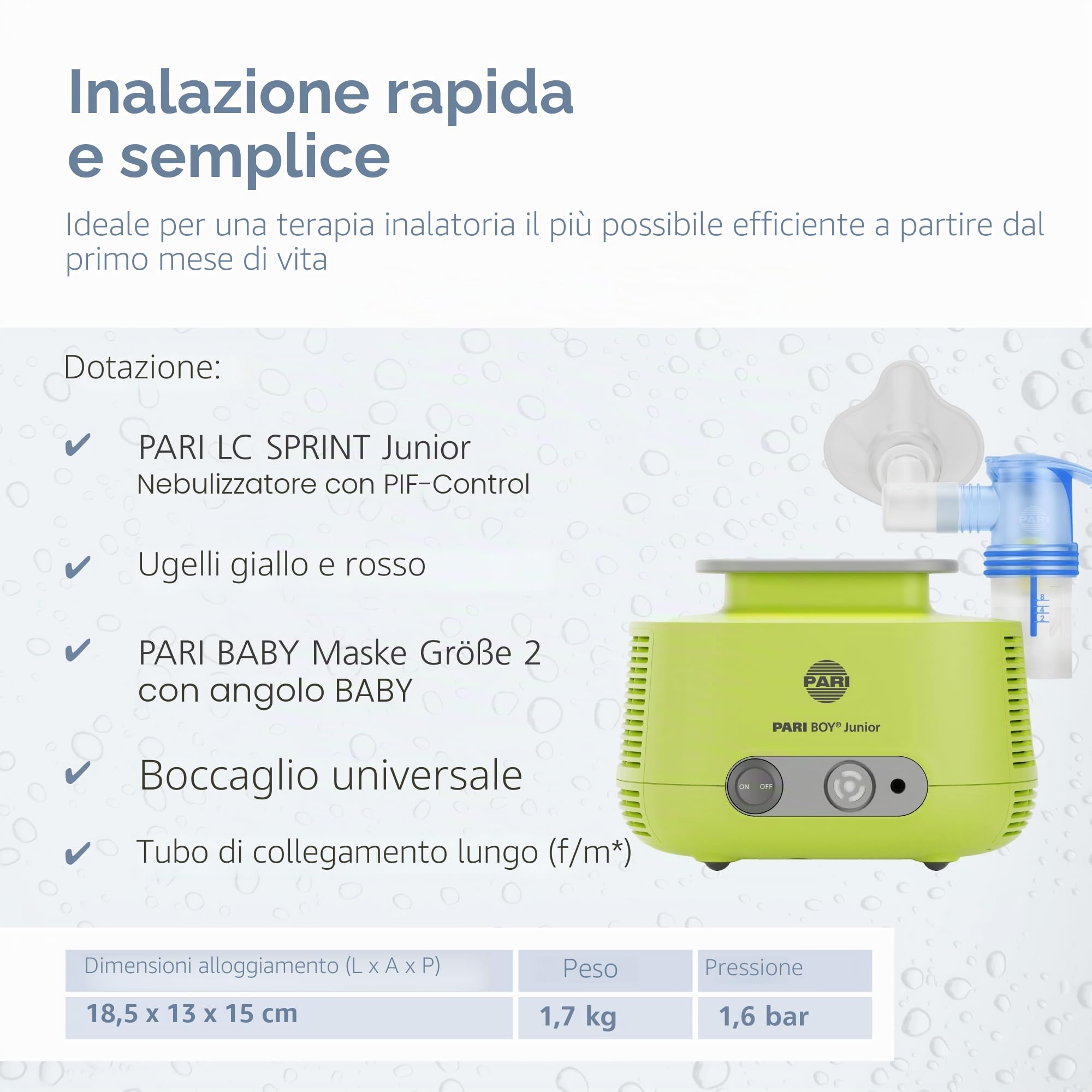 Pari 130G1300 Boy Junior, inalatore per il trattamento delle malattie respiratorie, per neonati e bambini a partire da 1 mese