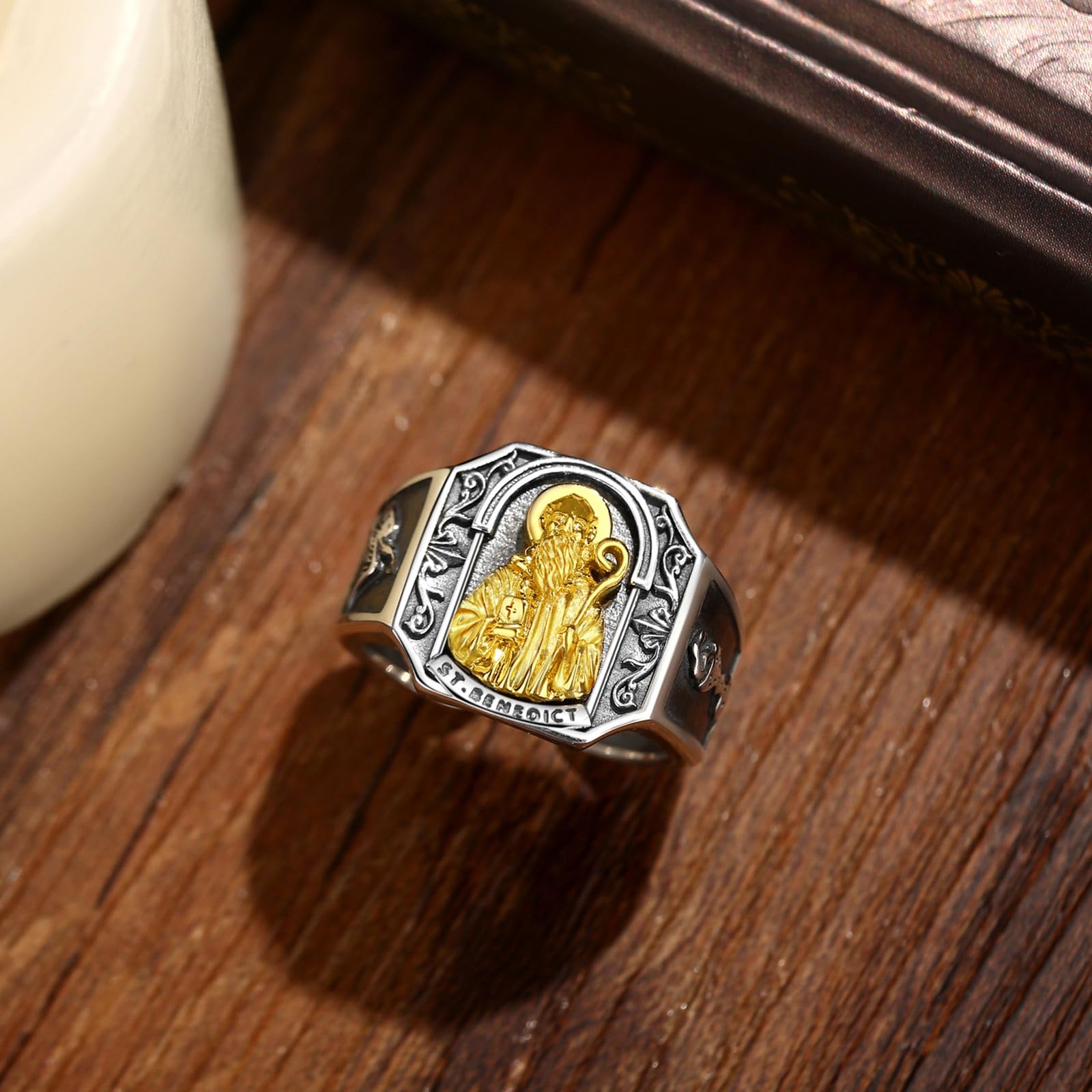 AEONSLOVE Anillo Cruz de San Benito/San Miguel Arcangel Plata de Ley 925 para Hombre Mujer, Anillos Crucifijo Jesus/Cristóbal/Judas, Anillo Abierto Ajustable de Pulgar Joyeria Religiosas