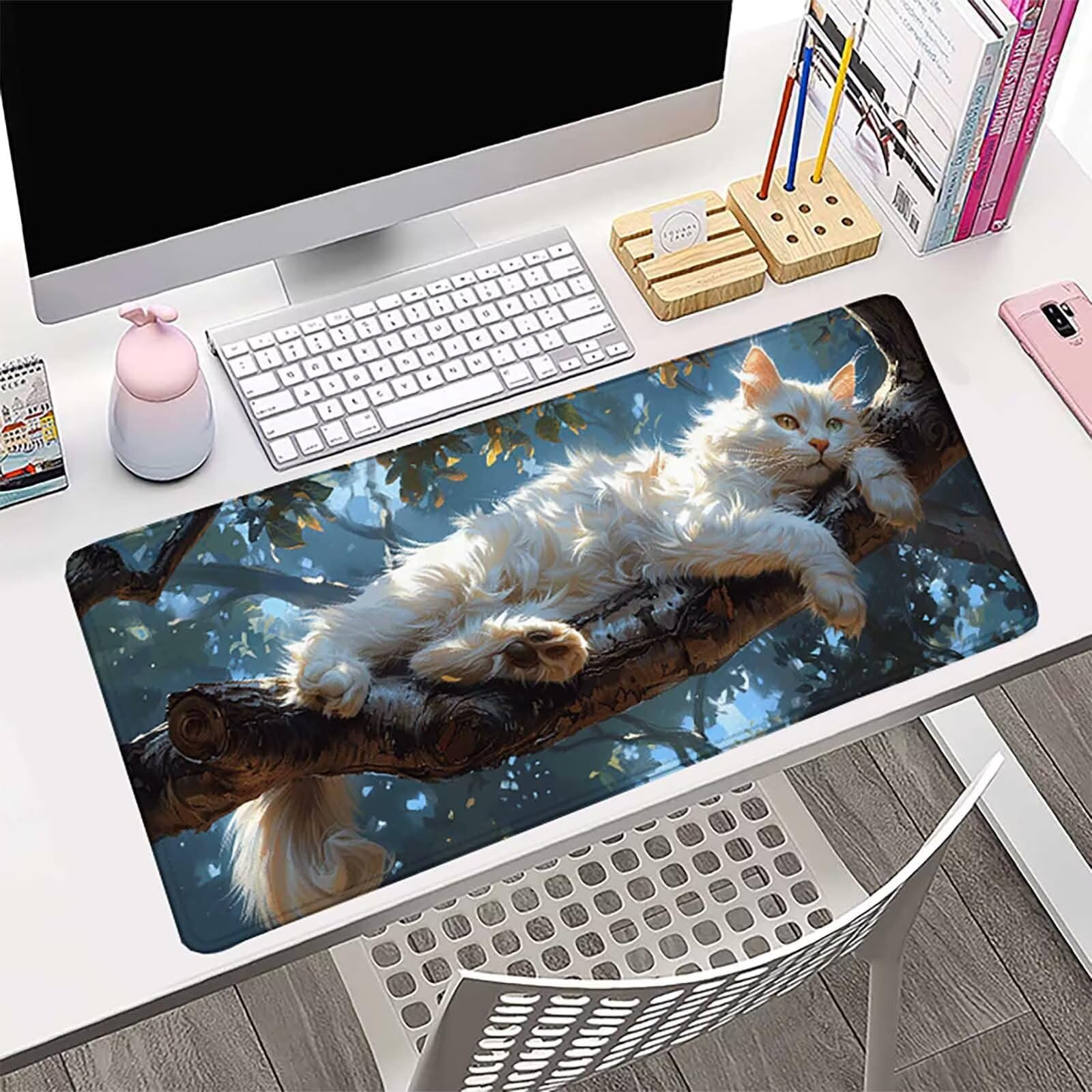 Blanco Alfombrilla Ratón Gato Alfombrilla Gaming XXL (1500 x 800 x 3 mm), Impermeable Mouse Pad con Bordes Cosidos Tapete Escritorio con Base de Goma Antideslizante para Gaming, Oficina -zzg2505Q6