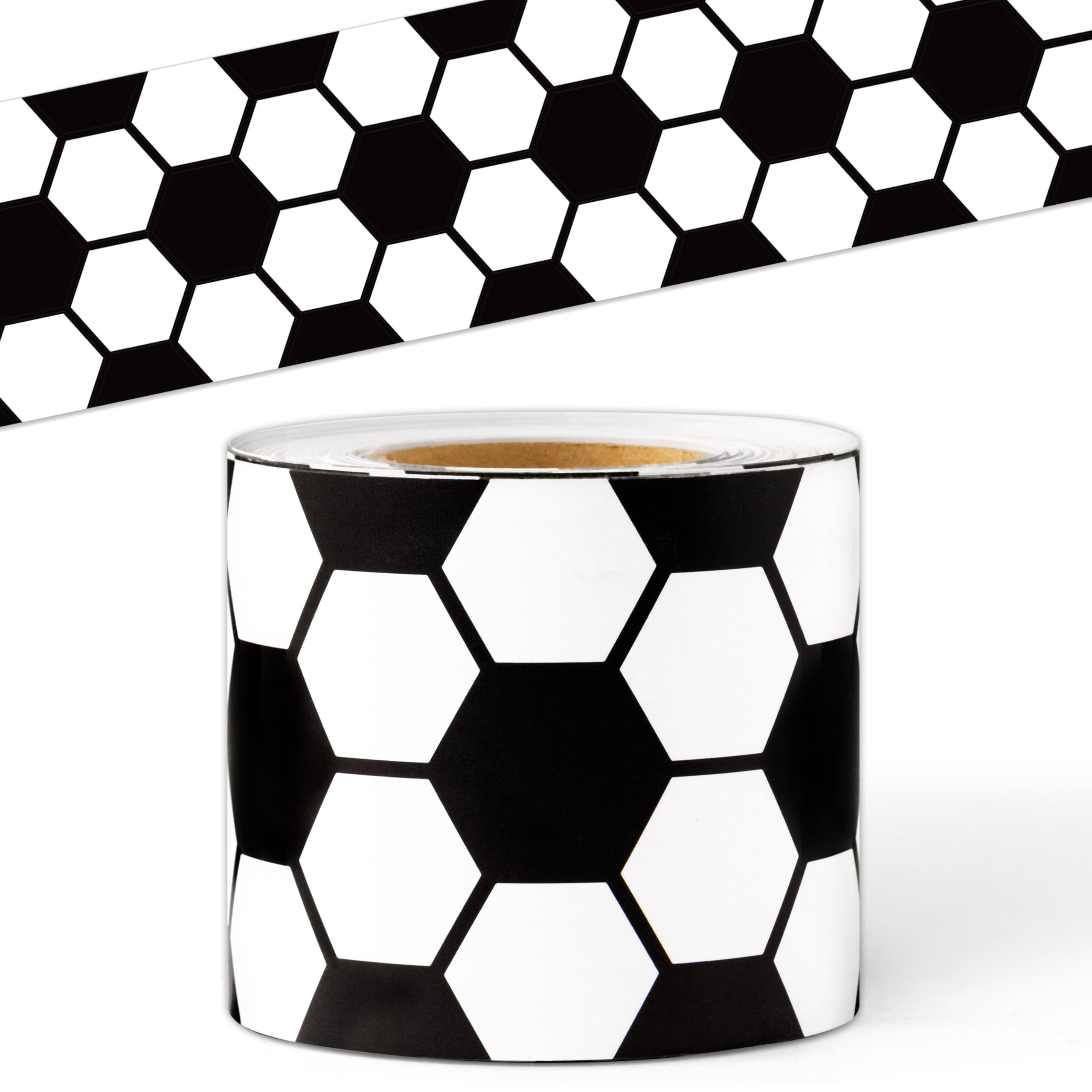 BeYumi Soccer Sport Border Trim - 65ft Back to School Soccer Patterned Straight Rolled Border Trim Black White Football Sports Theme Bulletin Board Set Party School Classroom Chalkboard Wall Decor