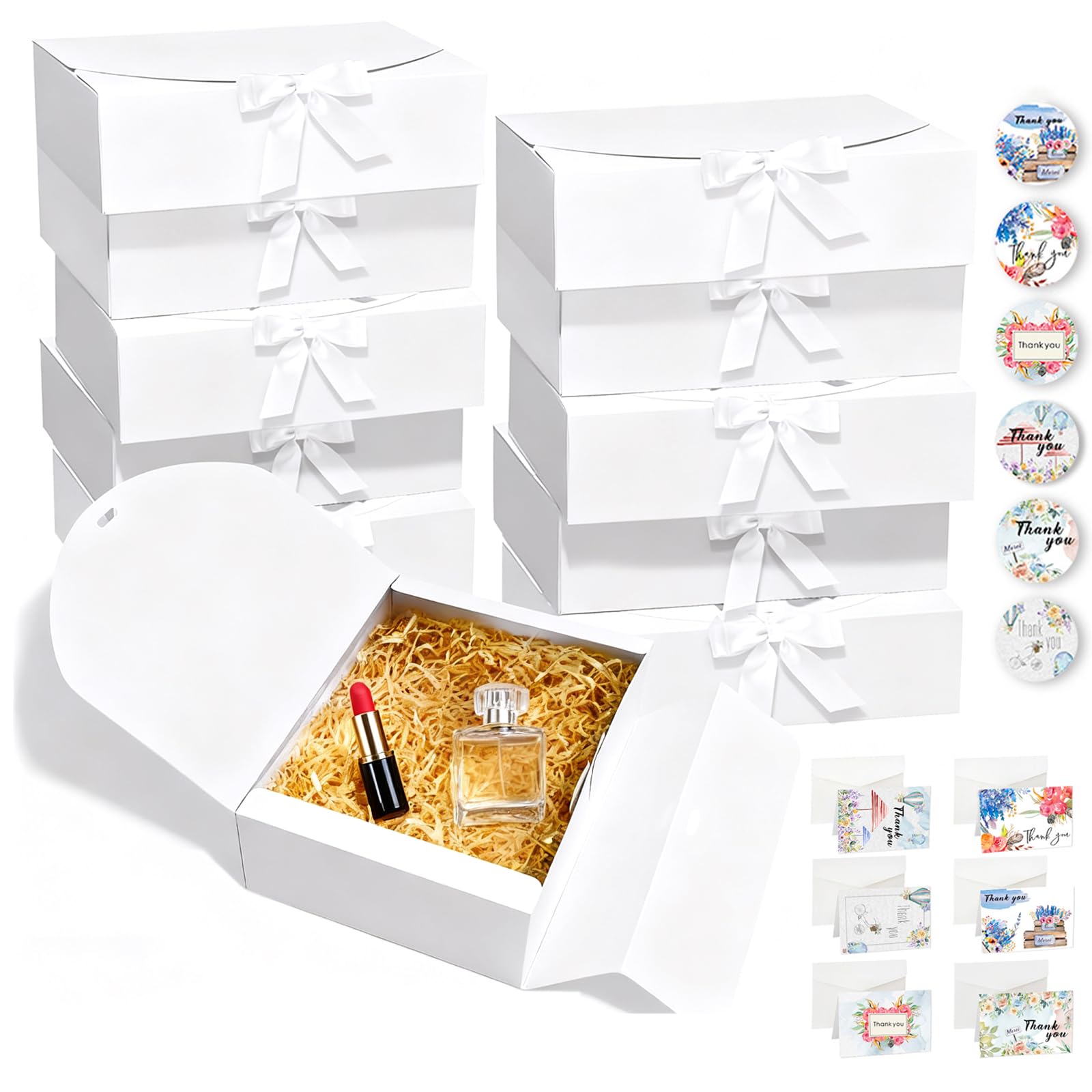 12 Pack Gift Boxes with Lids, Kraft Paper Gift Boxes with Ribbon Greeting Cards Envelopes for Wedding Birthday Christmas Party Present Packaging (white)